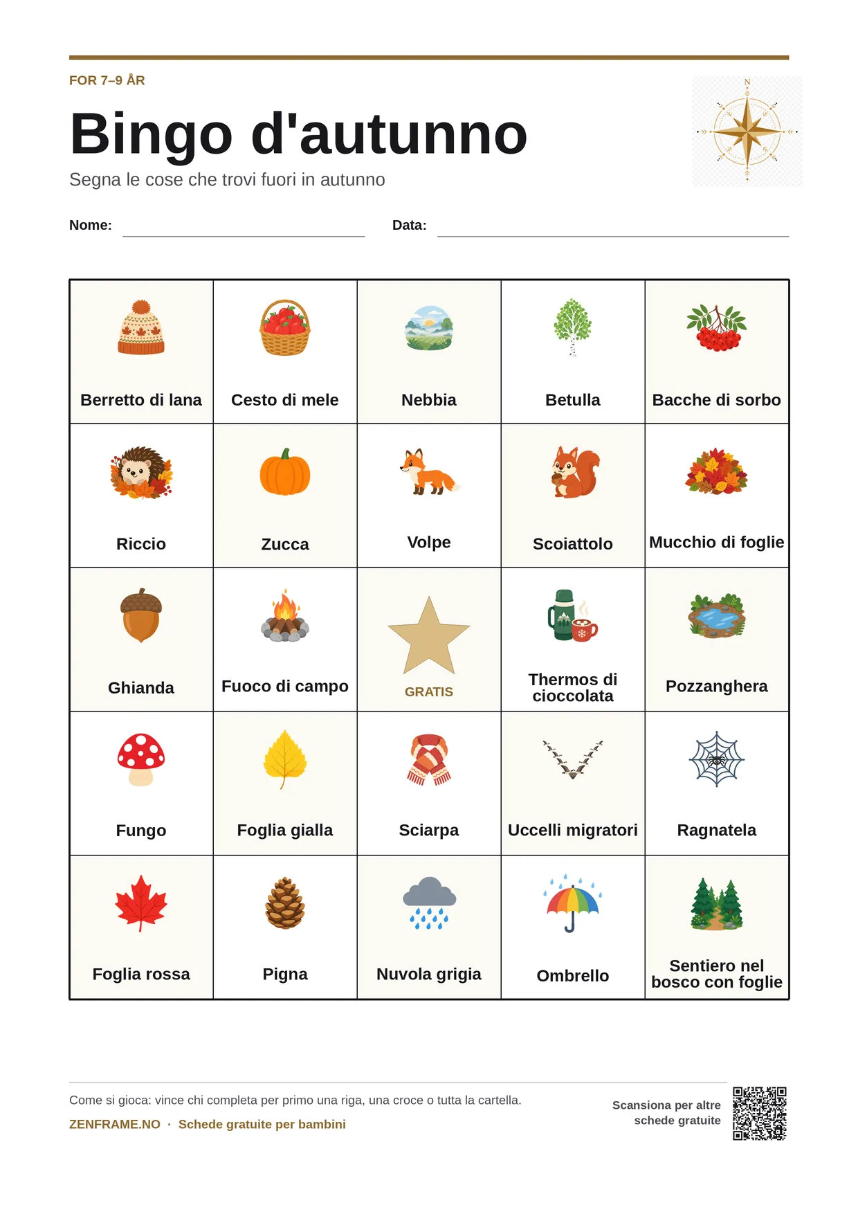 Bingo d'autunno per bambini 7–9 anni – cartella A4 gratis da stampare