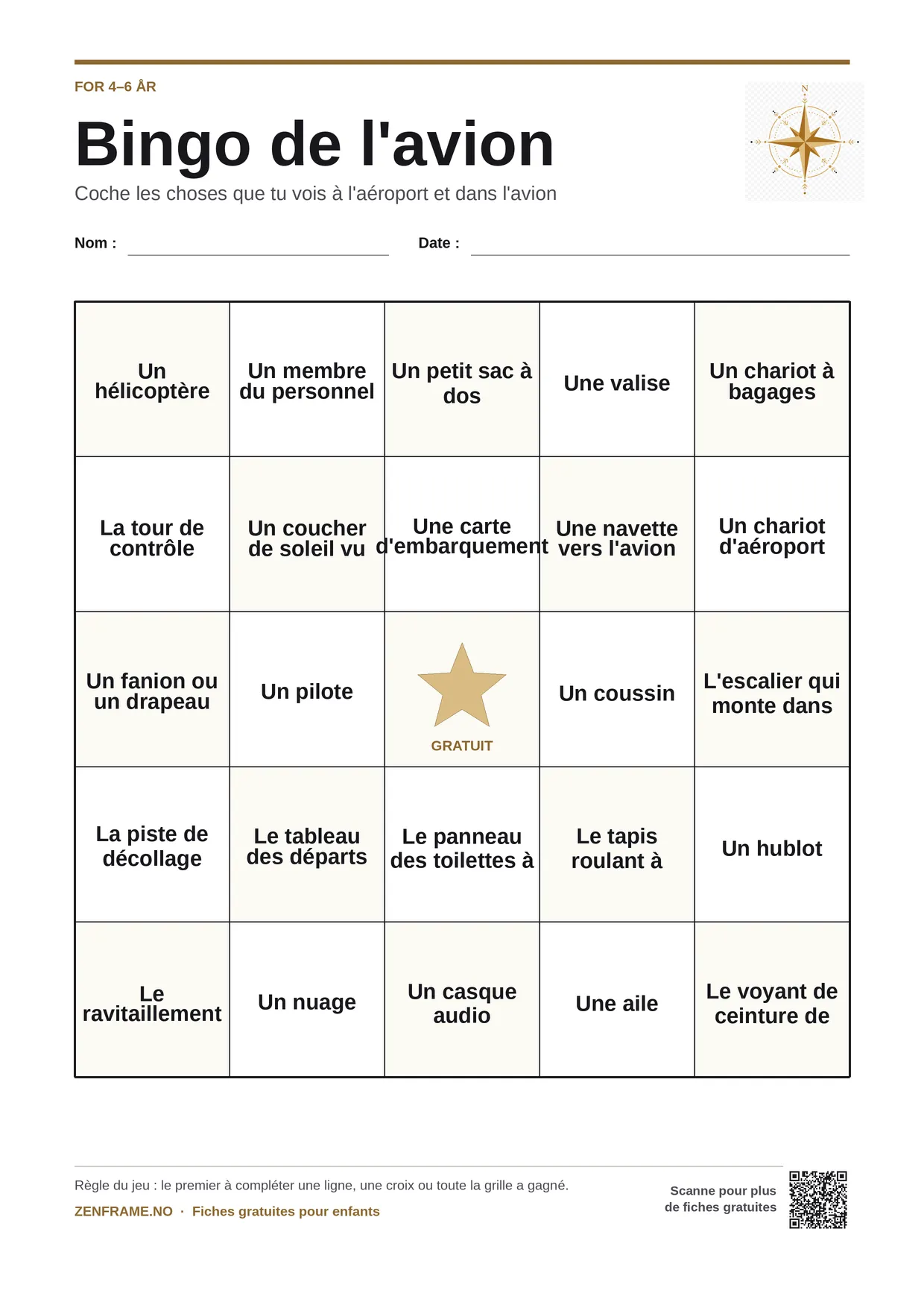 Bingo de l'avion pour enfants 4–6 ans – planche A4 gratuite à imprimer