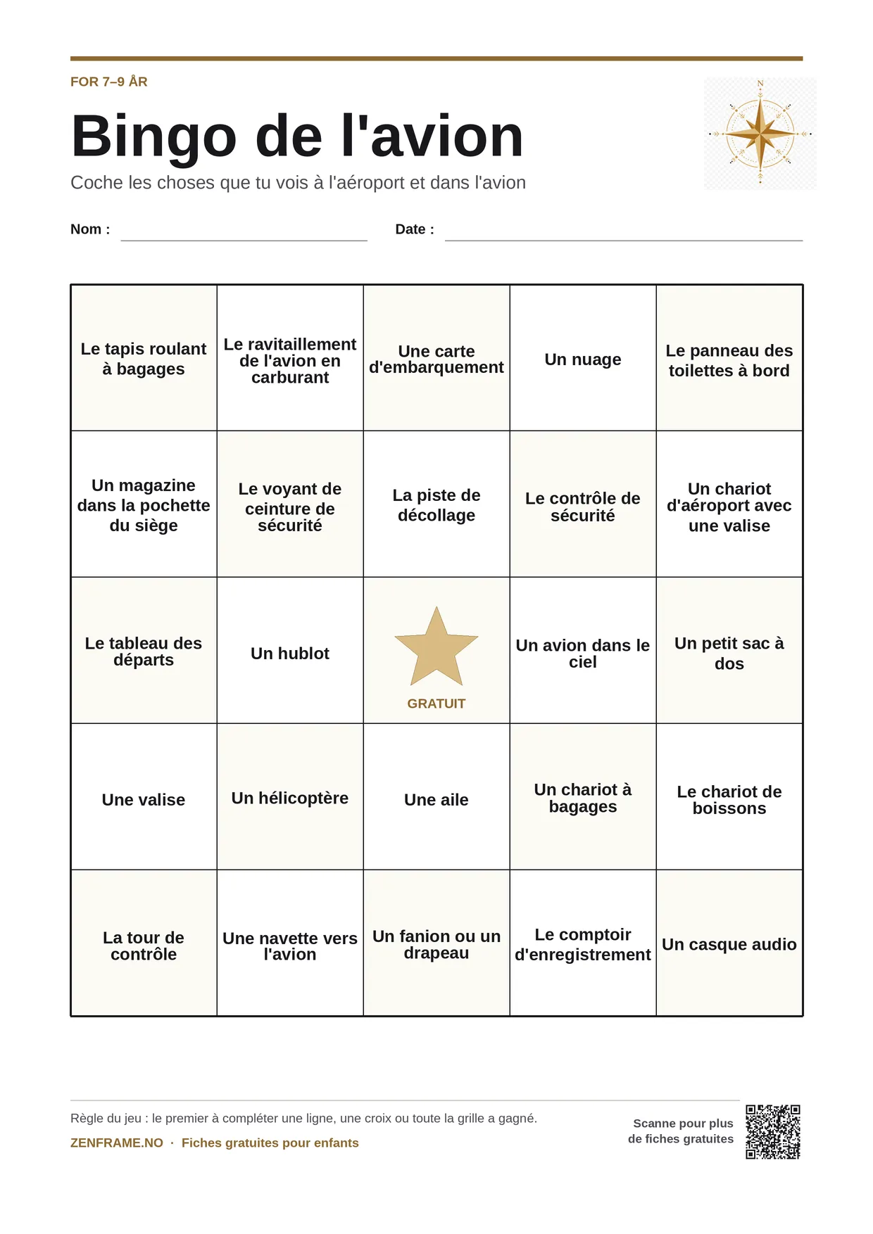 Bingo de l'avion pour enfants 7–9 ans – planche A4 gratuite à imprimer