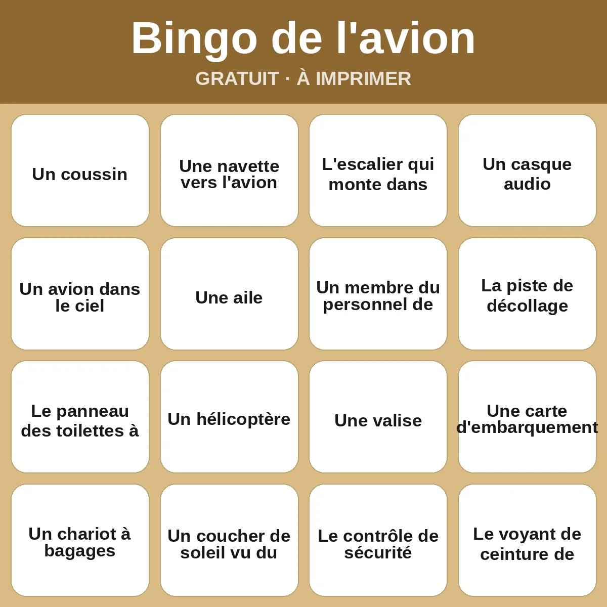 Bingo de l'avion – bingo gratuit à imprimer pour enfants