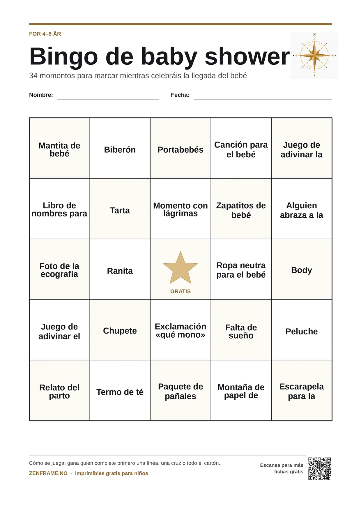 Bingo de baby shower para niños 4–6 años – tablero A4 gratis para imprimir