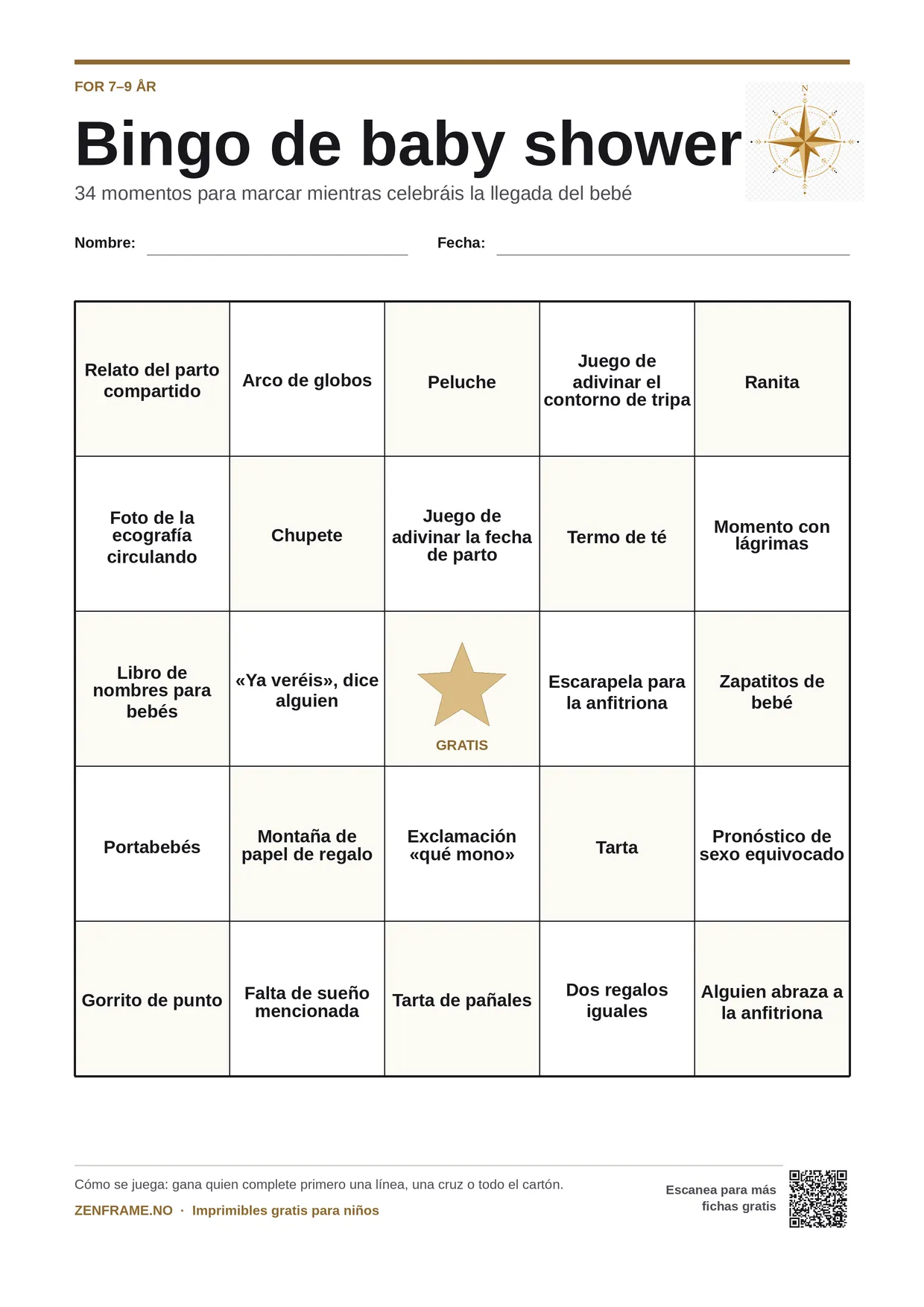 Bingo de baby shower para niños 7–9 años – tablero A4 gratis para imprimir