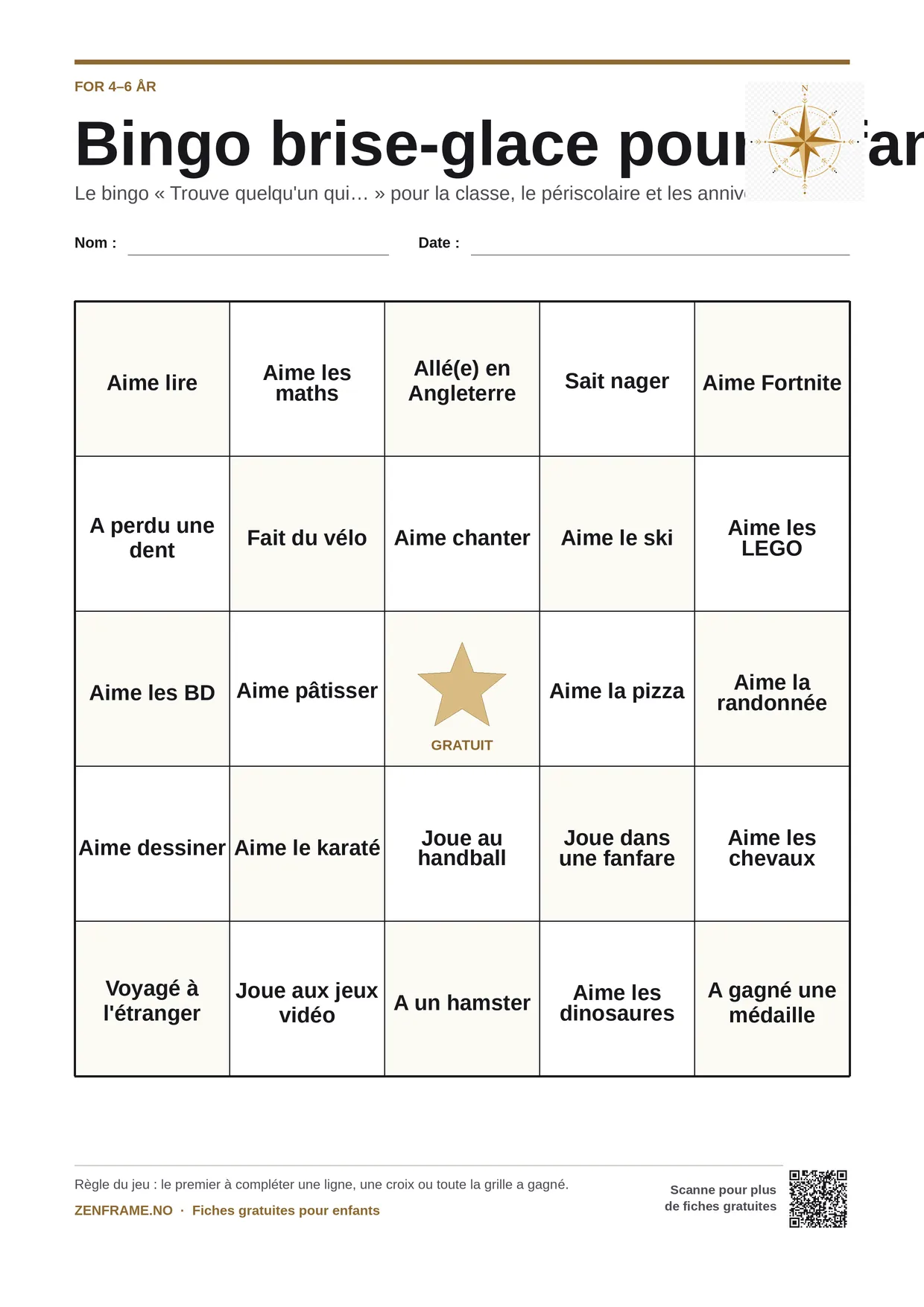 Bingo brise-glace pour enfants 4–6 ans – planche A4 gratuite à imprimer