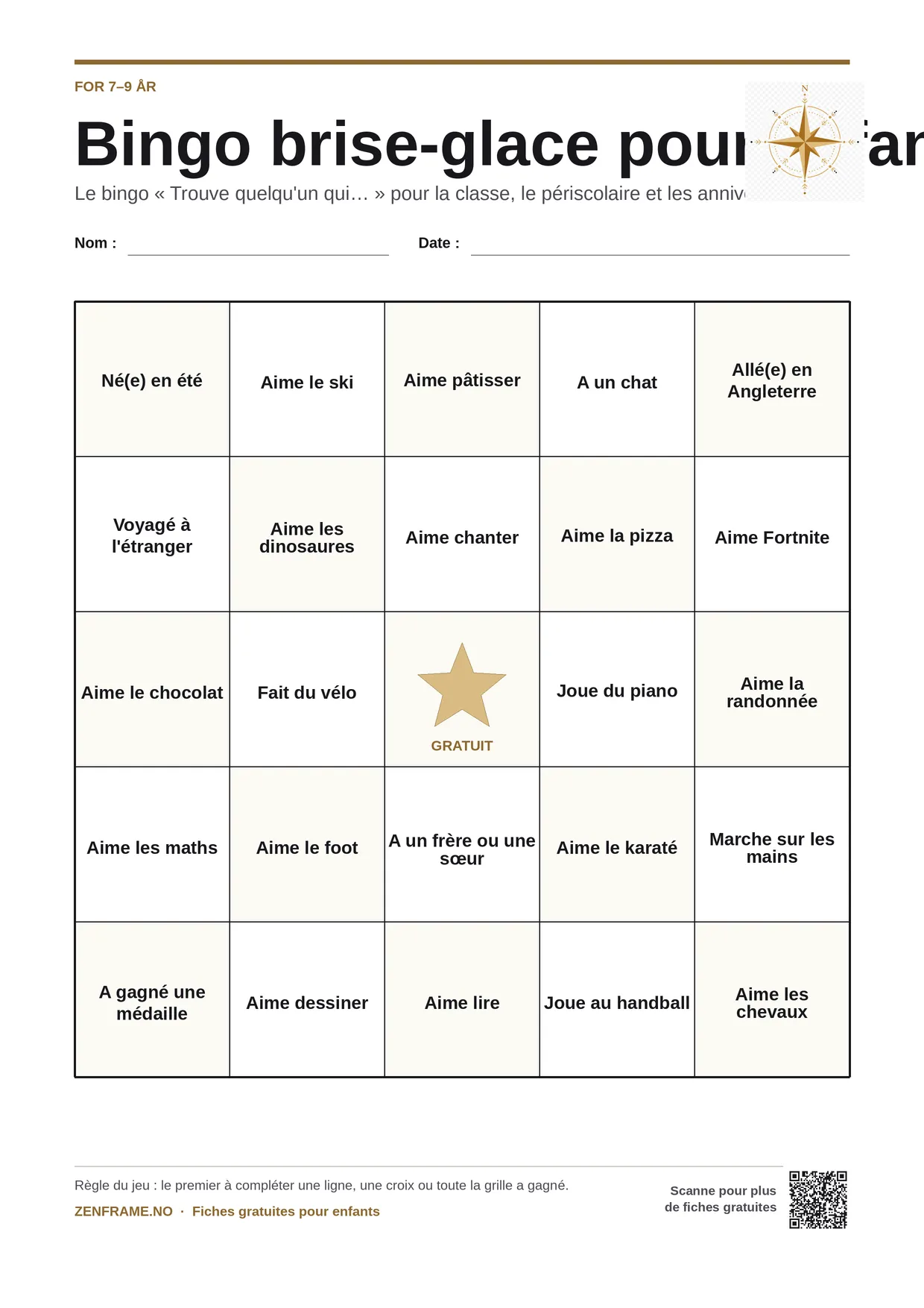 Bingo brise-glace pour enfants 7–9 ans – planche A4 gratuite à imprimer