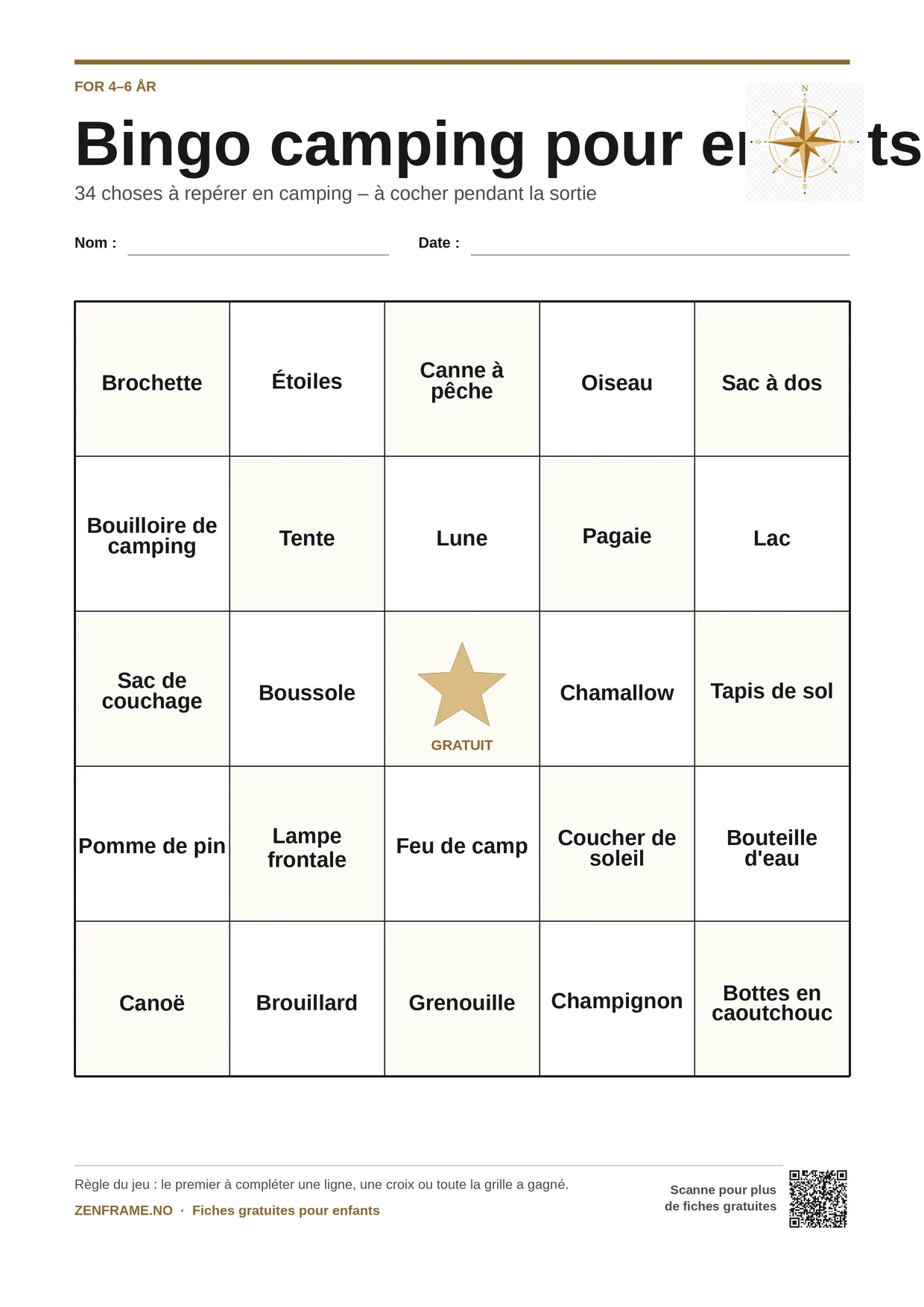 Bingo camping pour enfants 4–6 ans – planche A4 gratuite à imprimer