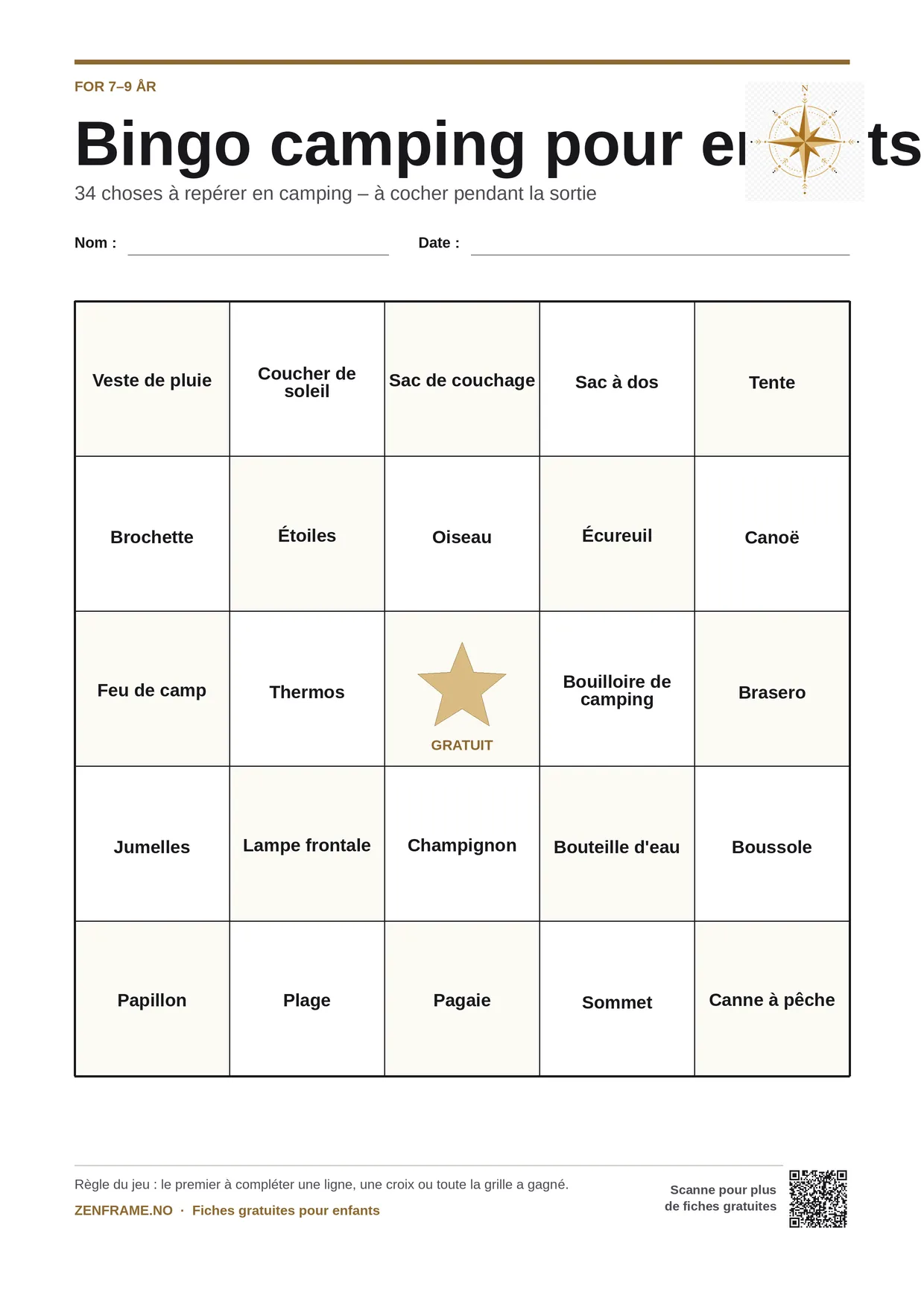 Bingo camping pour enfants 7–9 ans – planche A4 gratuite à imprimer