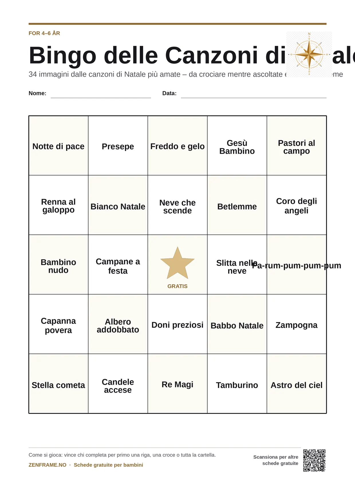 Bingo delle Canzoni di Natale per bambini 4–6 anni – cartella A4 gratis da stampare