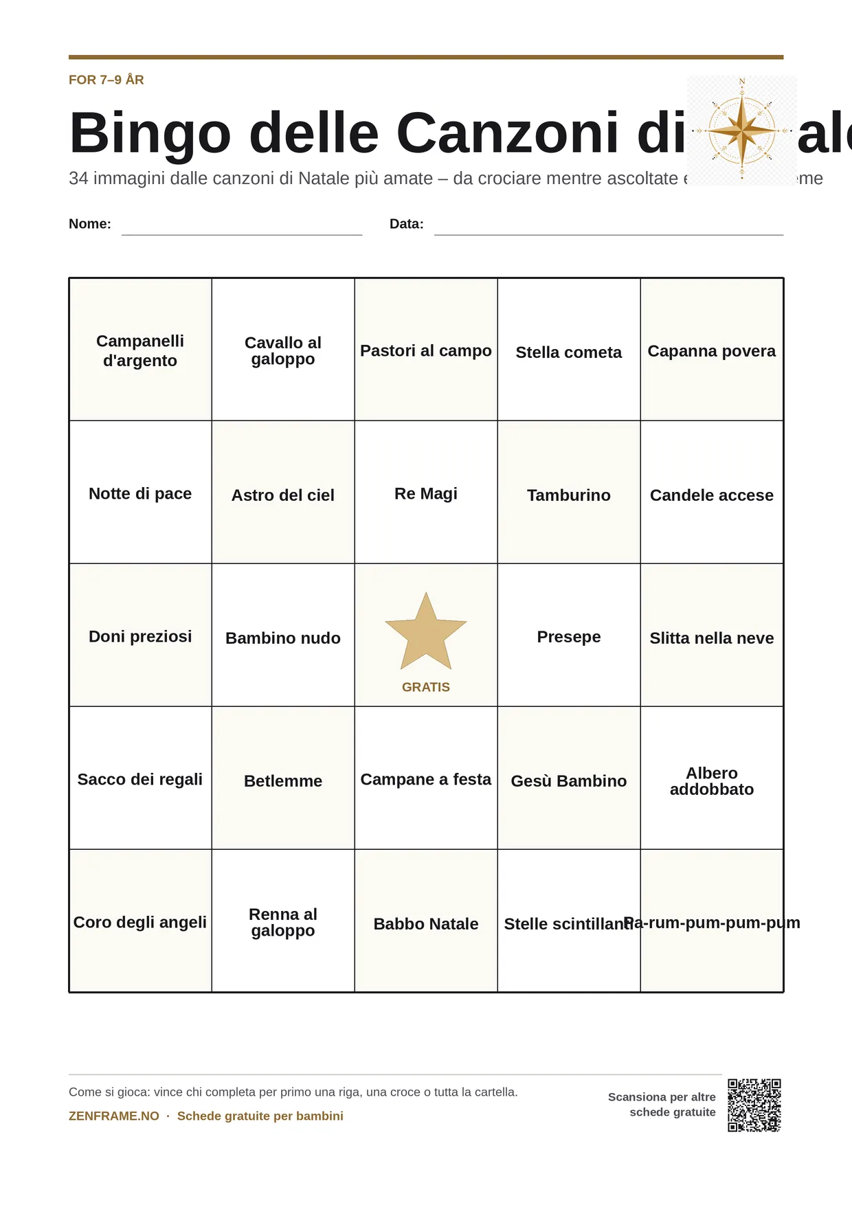 Bingo delle Canzoni di Natale per bambini 7–9 anni – cartella A4 gratis da stampare