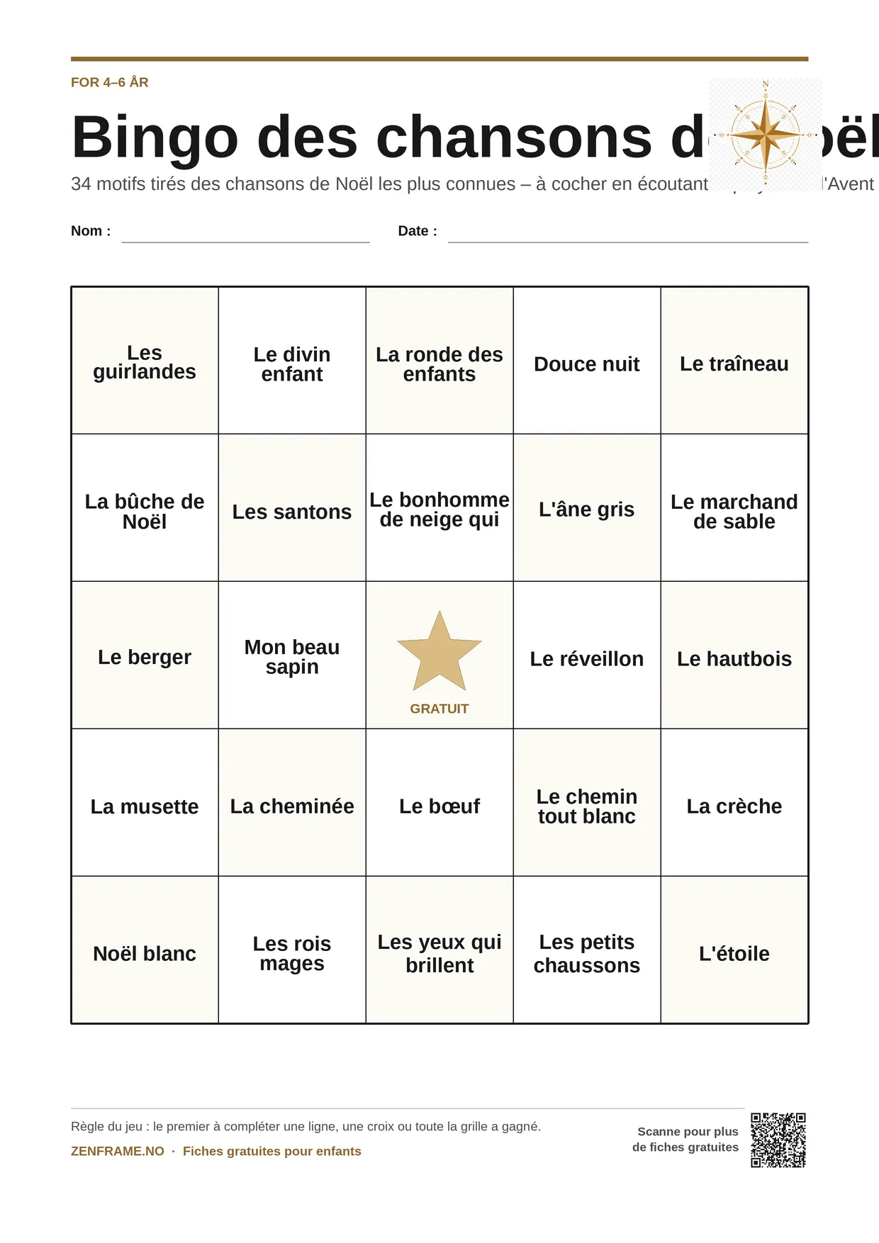 Bingo des chansons de Noël pour enfants 4–6 ans – planche A4 gratuite à imprimer