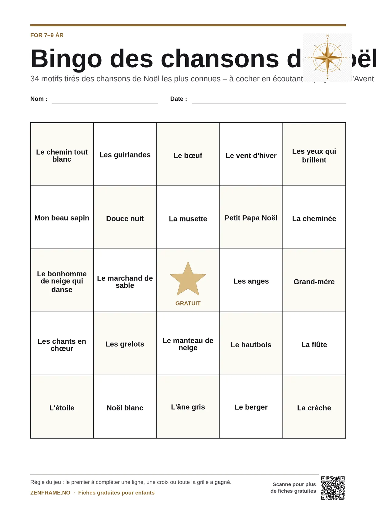 Bingo des chansons de Noël pour enfants 7–9 ans – planche A4 gratuite à imprimer