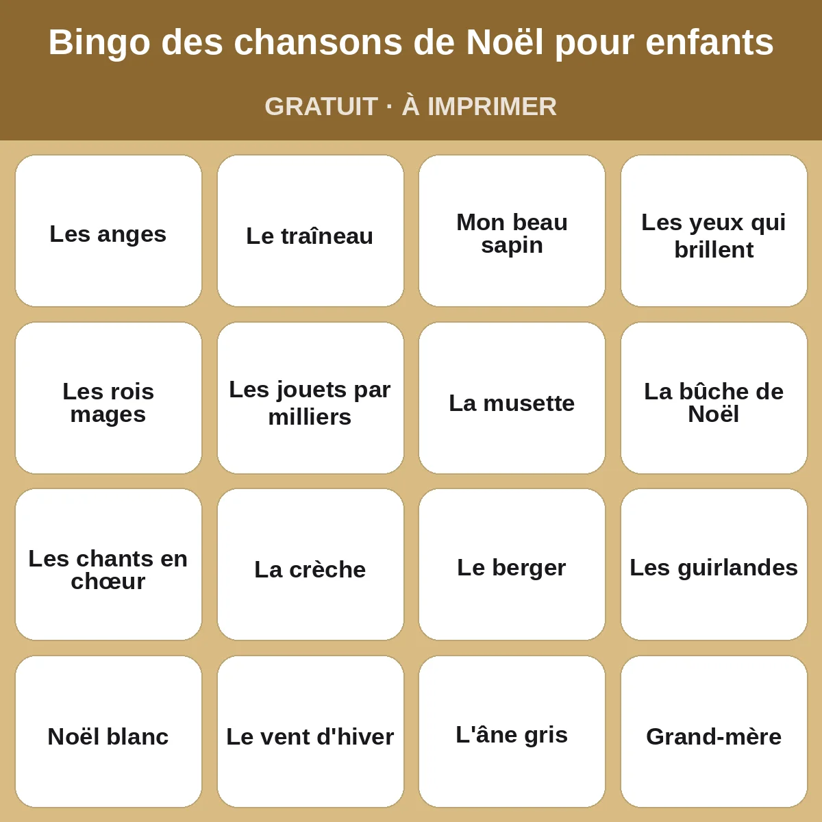Bingo des chansons de Noël pour enfants – bingo gratuit à imprimer pour enfants