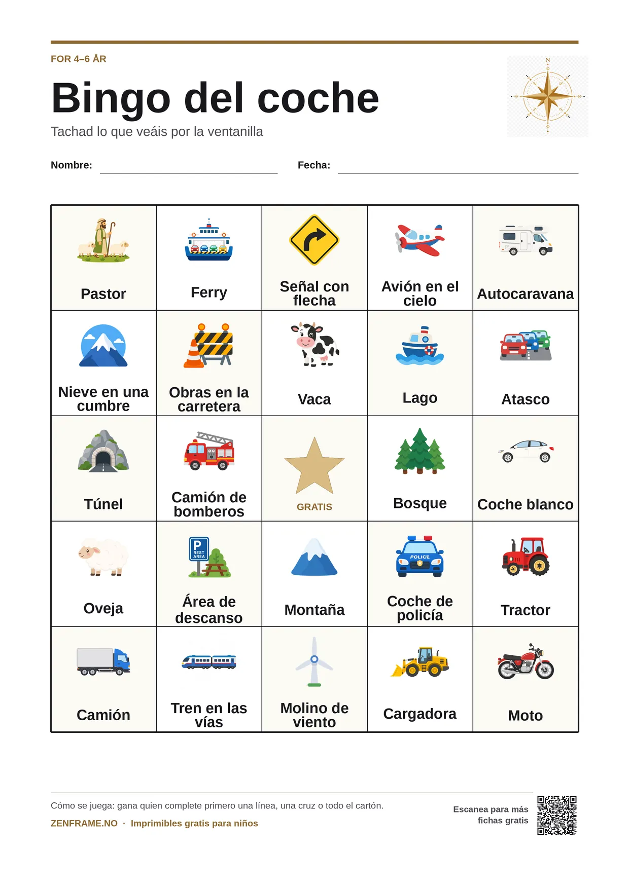 Bingo del coche para niños 4–6 años – tablero A4 gratis para imprimir
