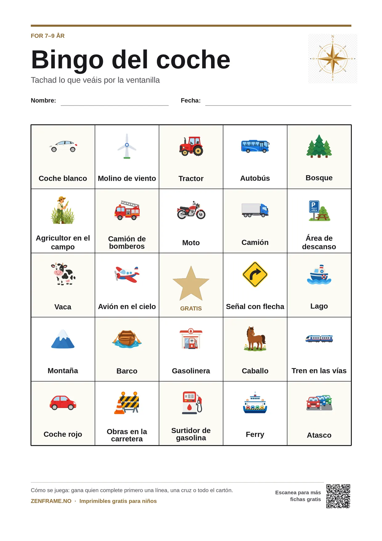 Bingo del coche para niños 7–9 años – tablero A4 gratis para imprimir