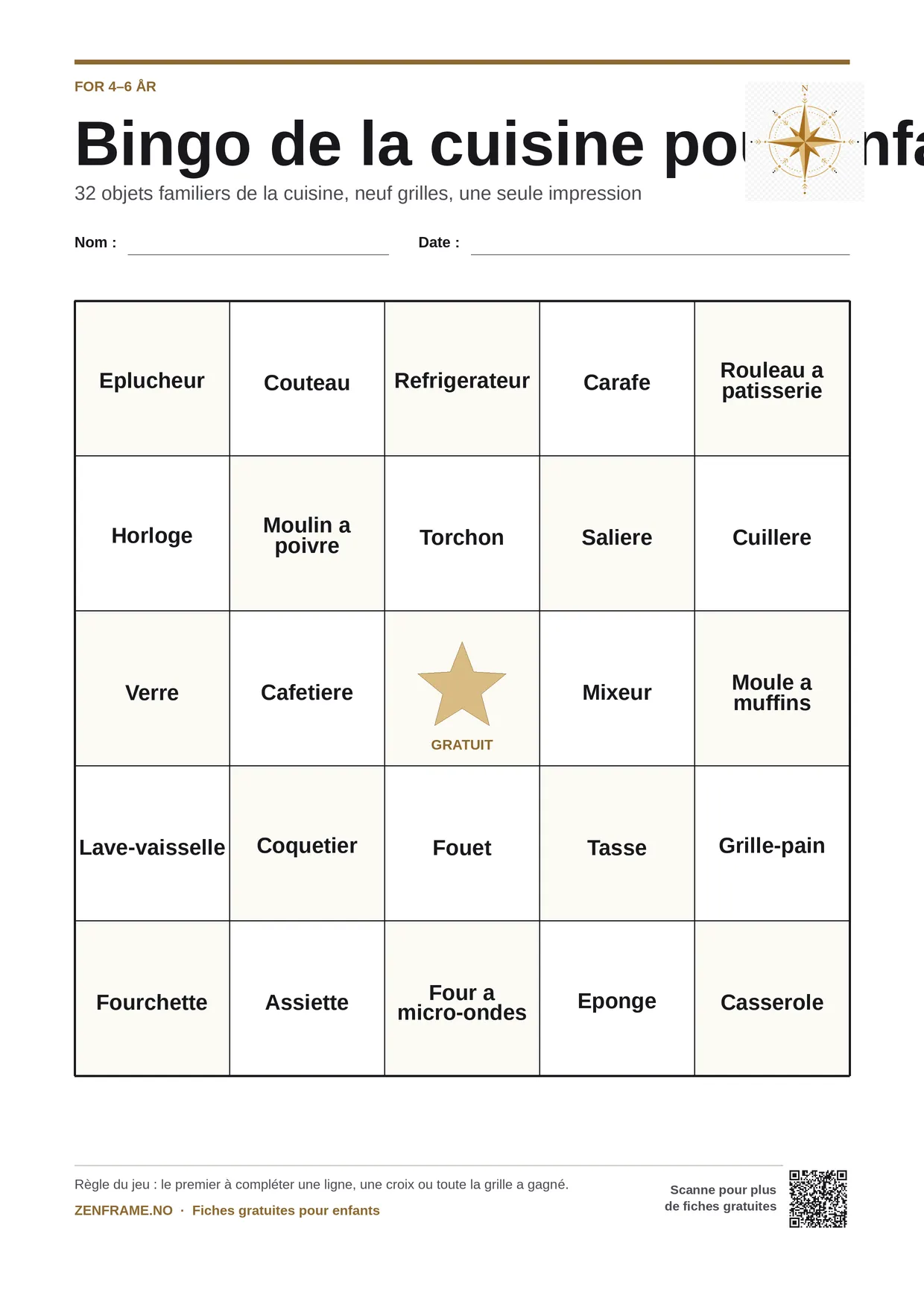 Bingo de la cuisine pour enfants 4–6 ans – planche A4 gratuite à imprimer