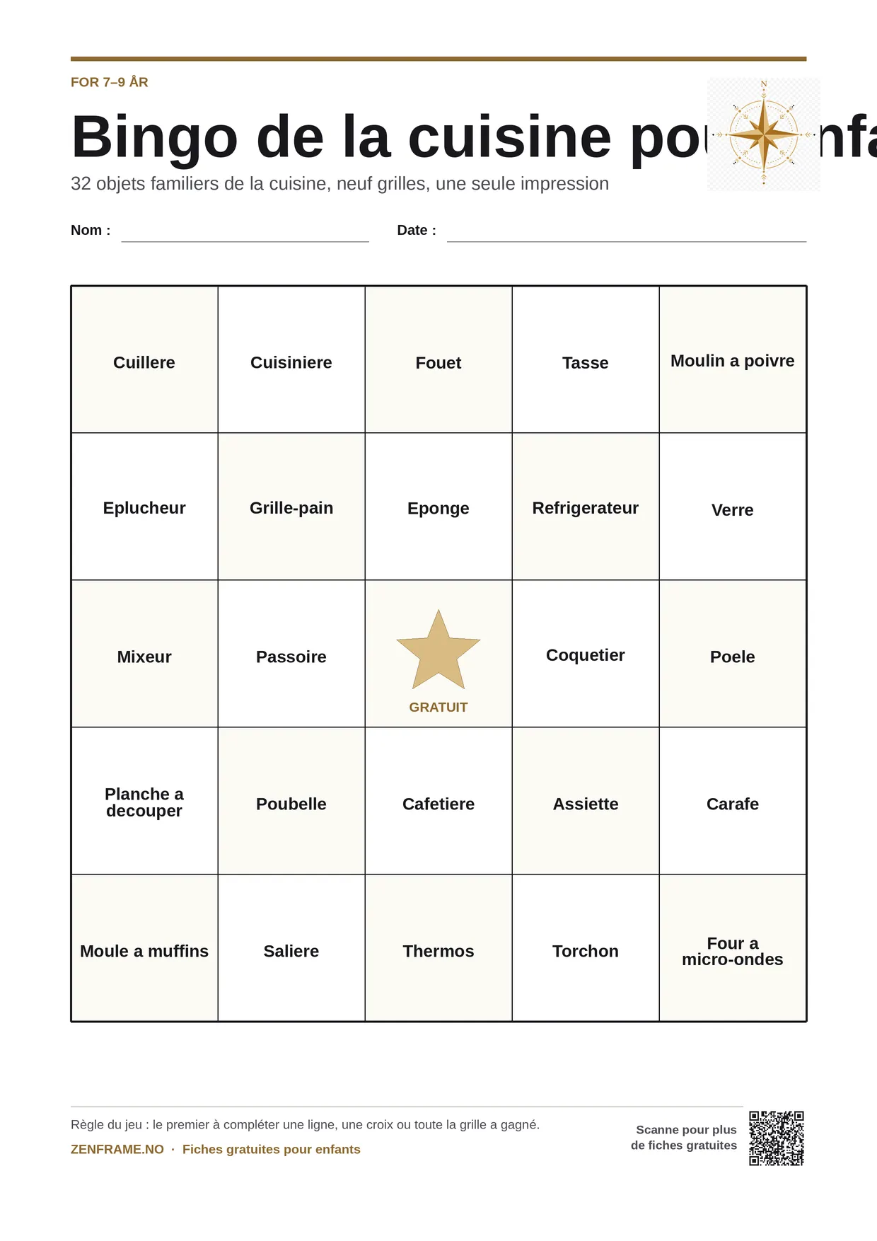 Bingo de la cuisine pour enfants 7–9 ans – planche A4 gratuite à imprimer