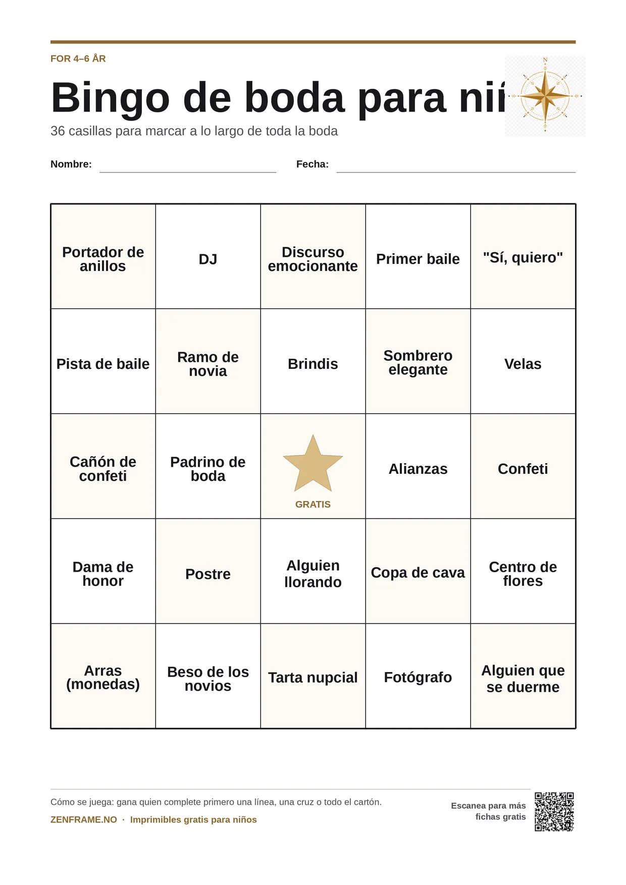 Bingo de boda para niños 4–6 años – tablero A4 gratis para imprimir