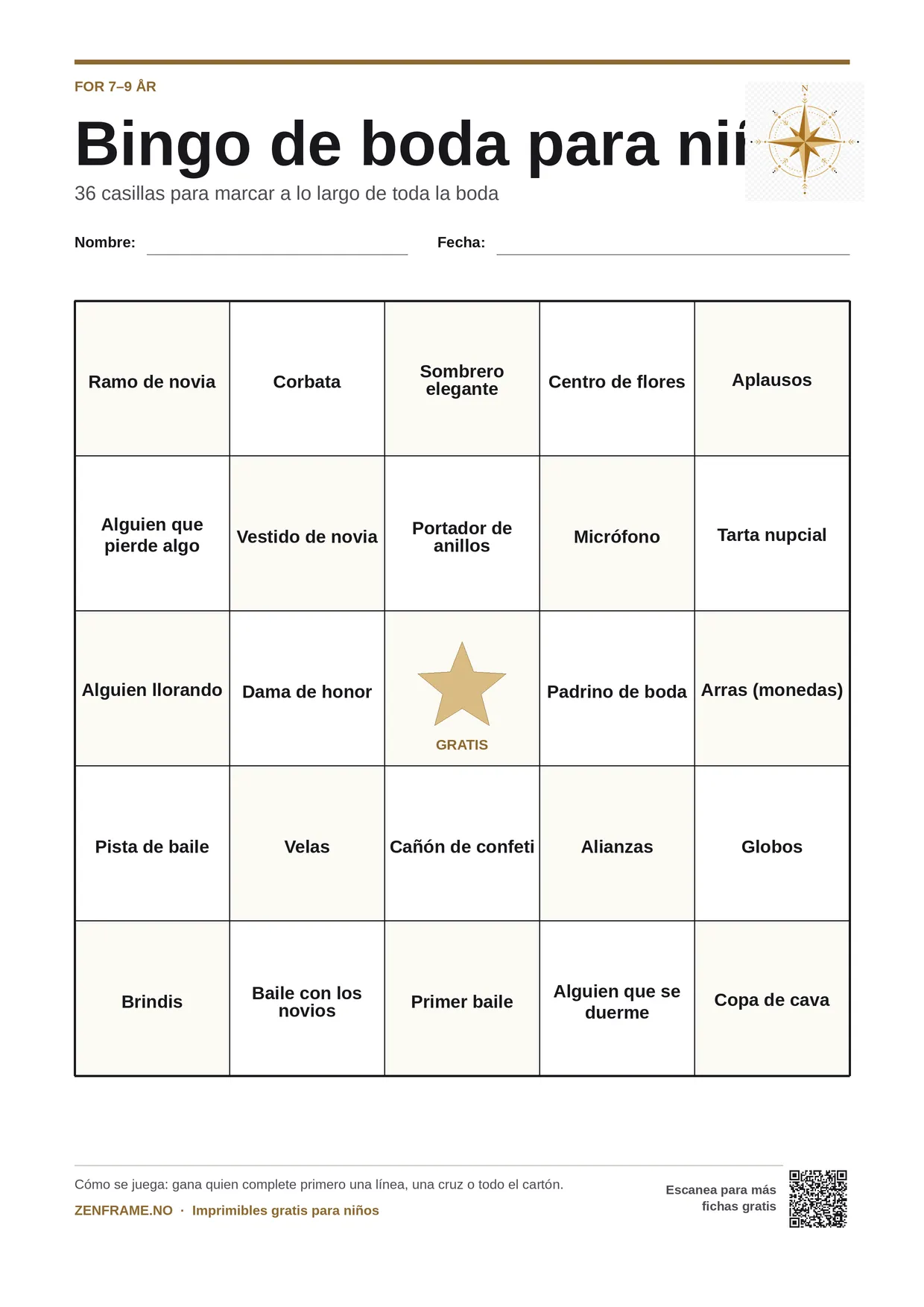 Bingo de boda para niños 7–9 años – tablero A4 gratis para imprimir