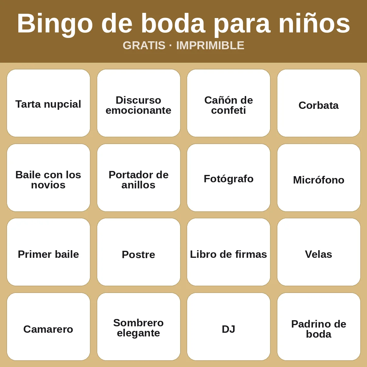 Bingo de boda para niños – bingo gratis para imprimir para niños