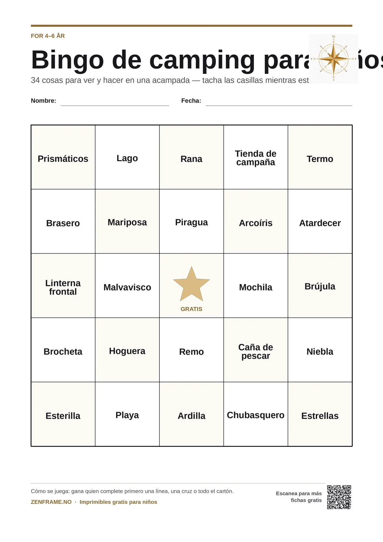 Bingo de camping para niños 4–6 años – tablero A4 gratis para imprimir