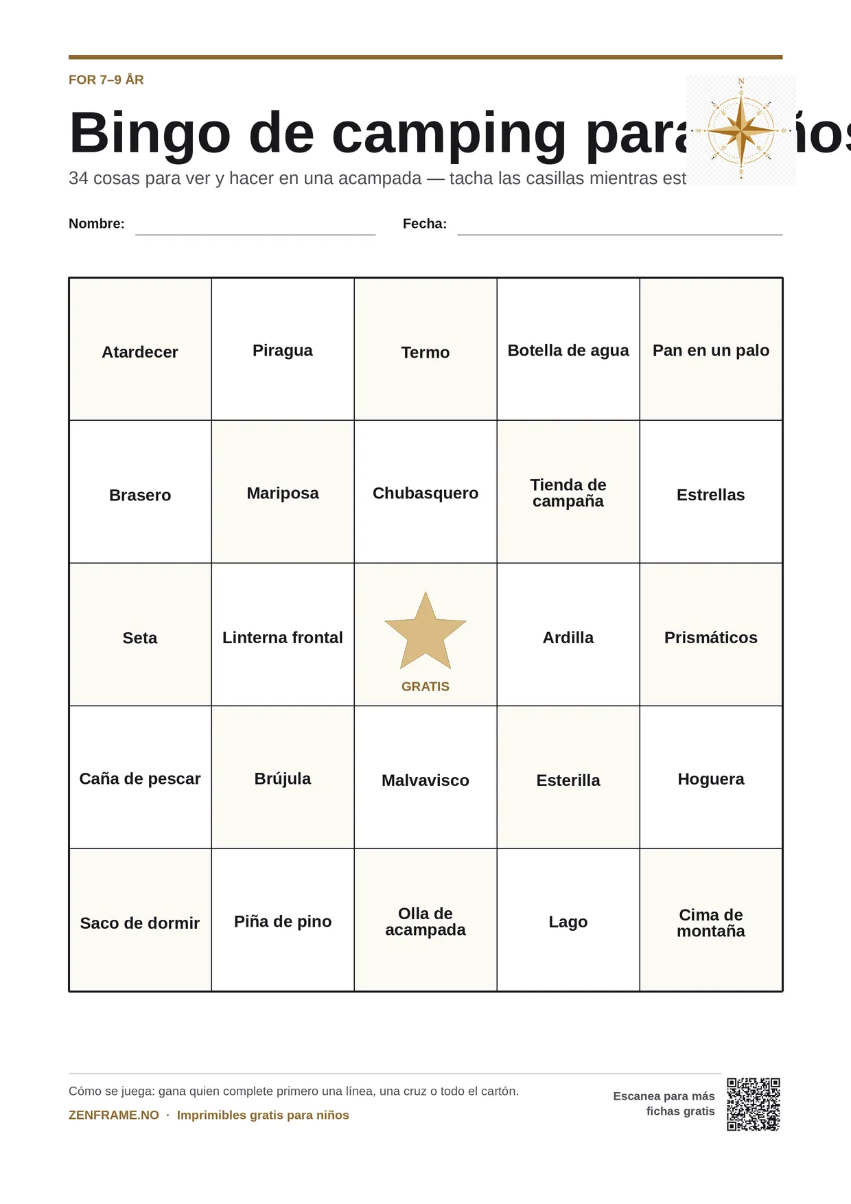 Bingo de camping para niños 7–9 años – tablero A4 gratis para imprimir
