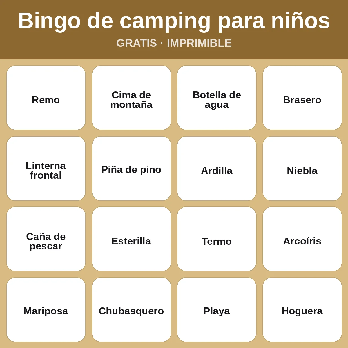 Bingo de camping para niños – bingo gratis para imprimir para niños