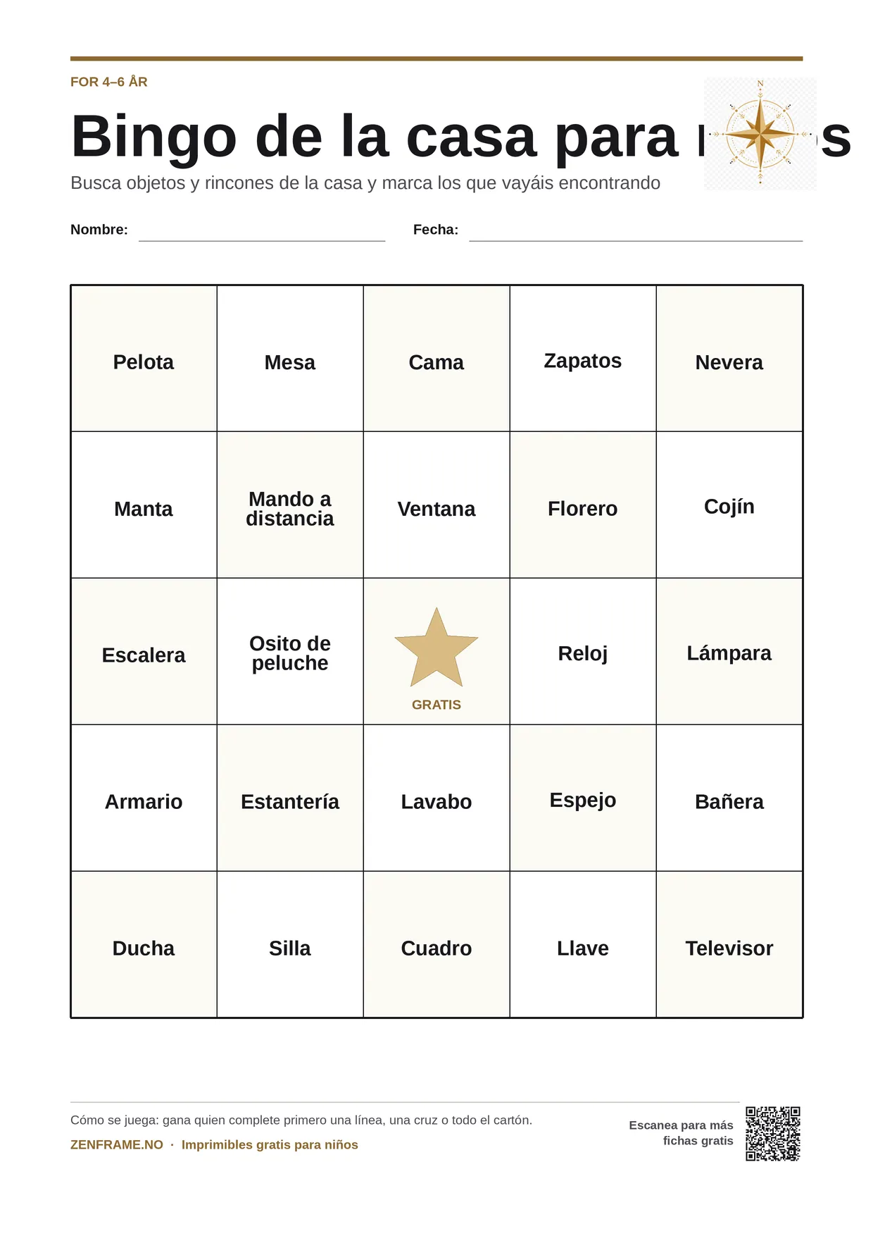 Bingo de la casa para niños 4–6 años – tablero A4 gratis para imprimir