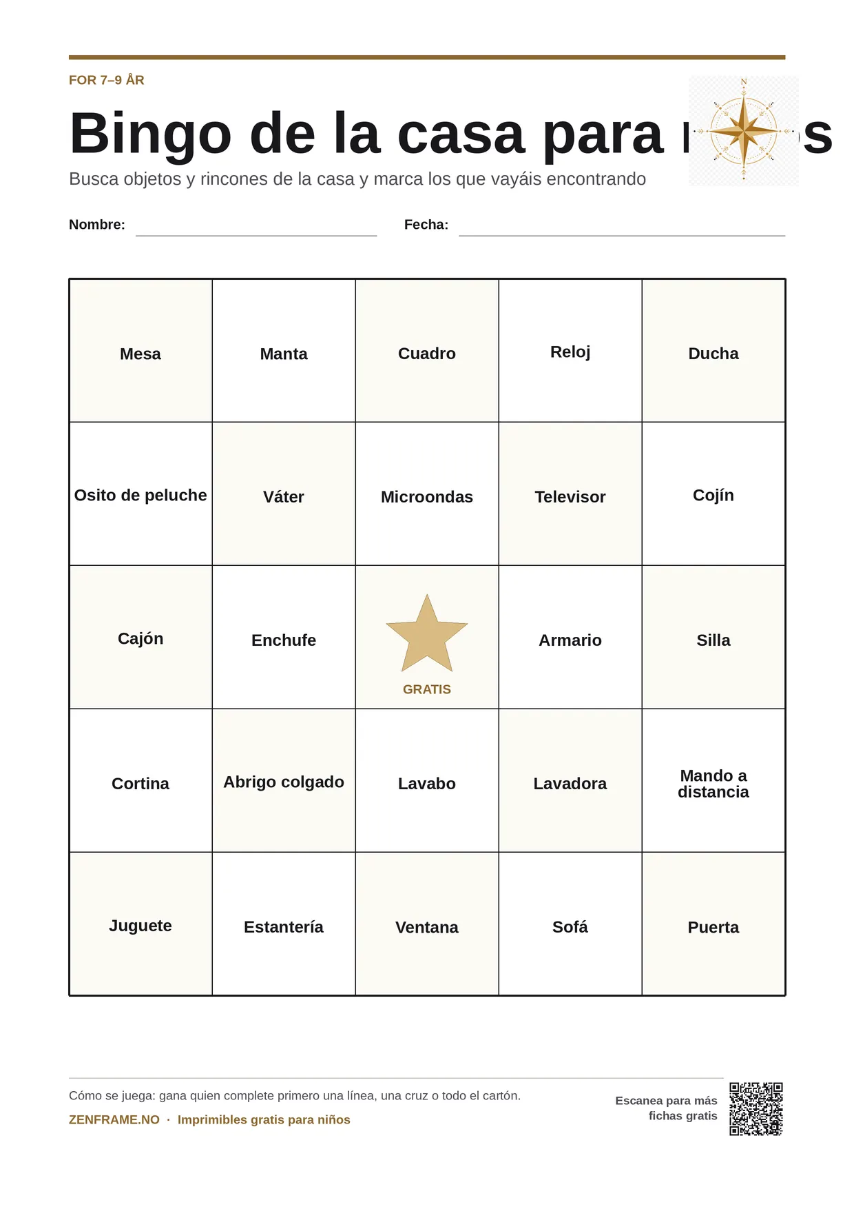 Bingo de la casa para niños 7–9 años – tablero A4 gratis para imprimir