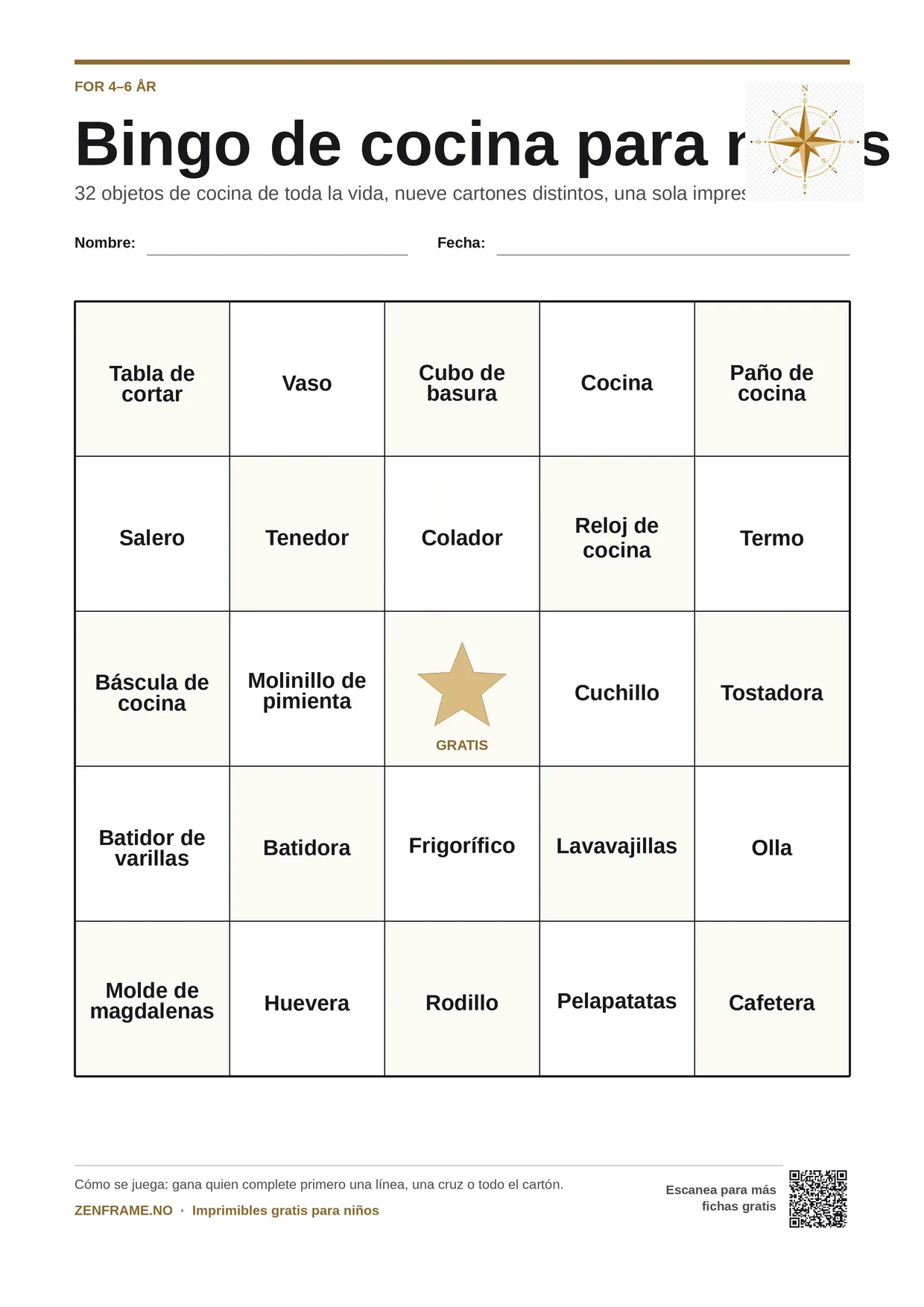 Bingo de cocina para niños 4–6 años – tablero A4 gratis para imprimir