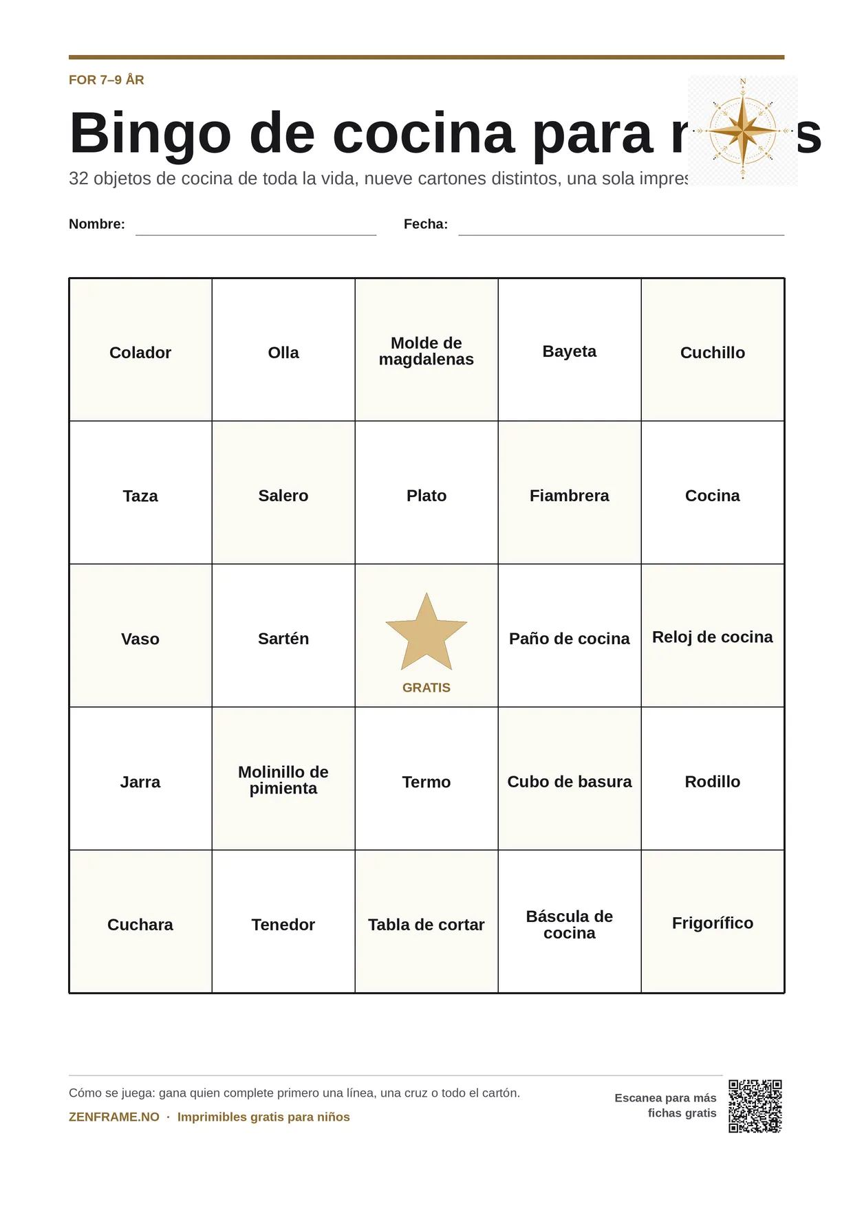 Bingo de cocina para niños 7–9 años – tablero A4 gratis para imprimir
