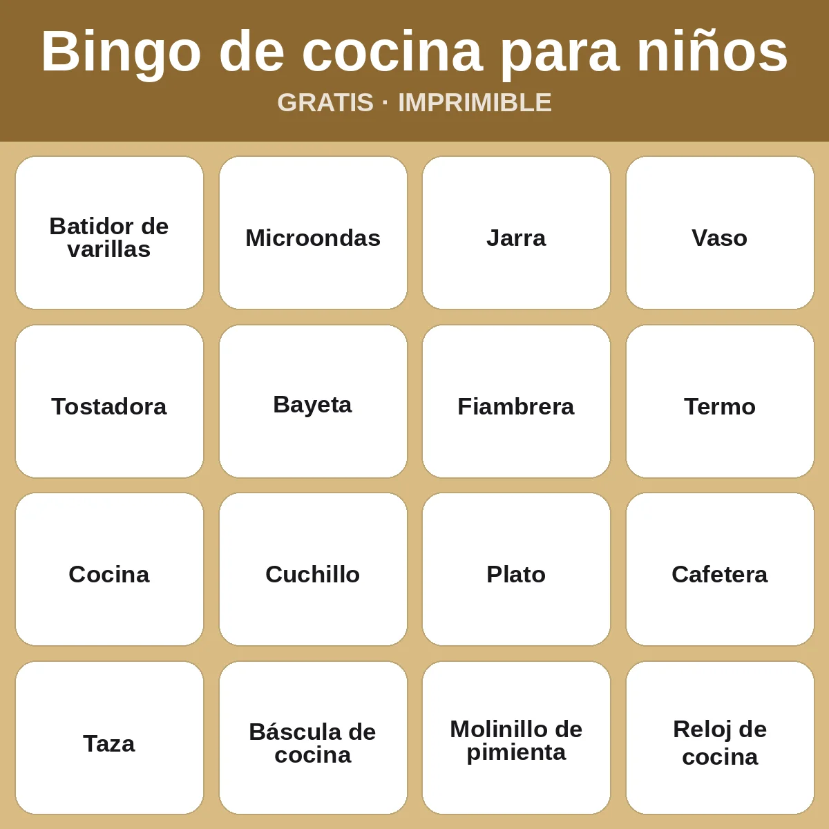 Bingo de cocina para niños – bingo gratis para imprimir para niños