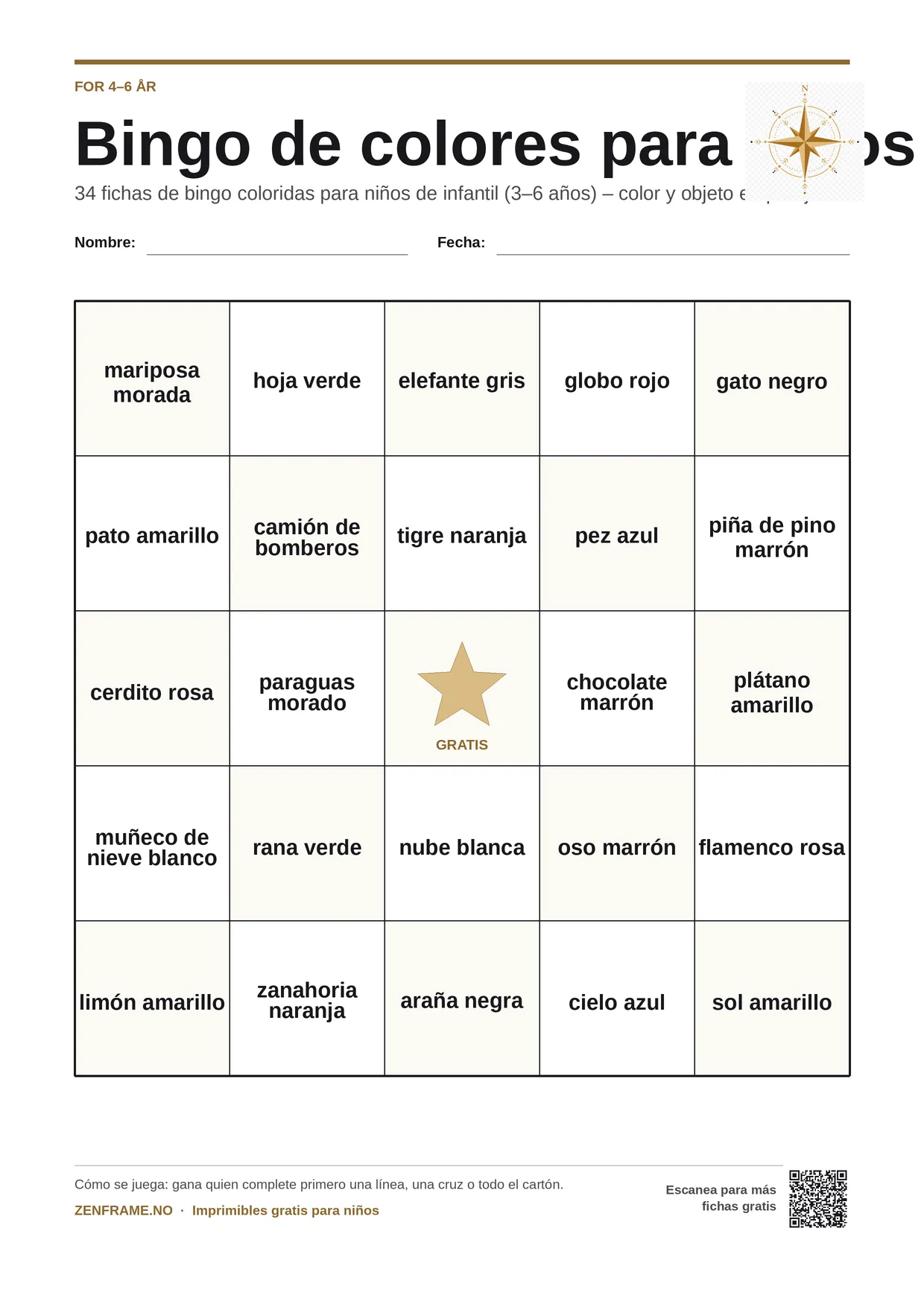 Bingo de colores para niños 4–6 años – tablero A4 gratis para imprimir