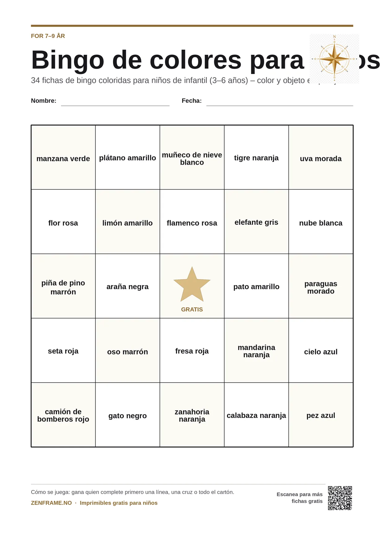 Bingo de colores para niños 7–9 años – tablero A4 gratis para imprimir