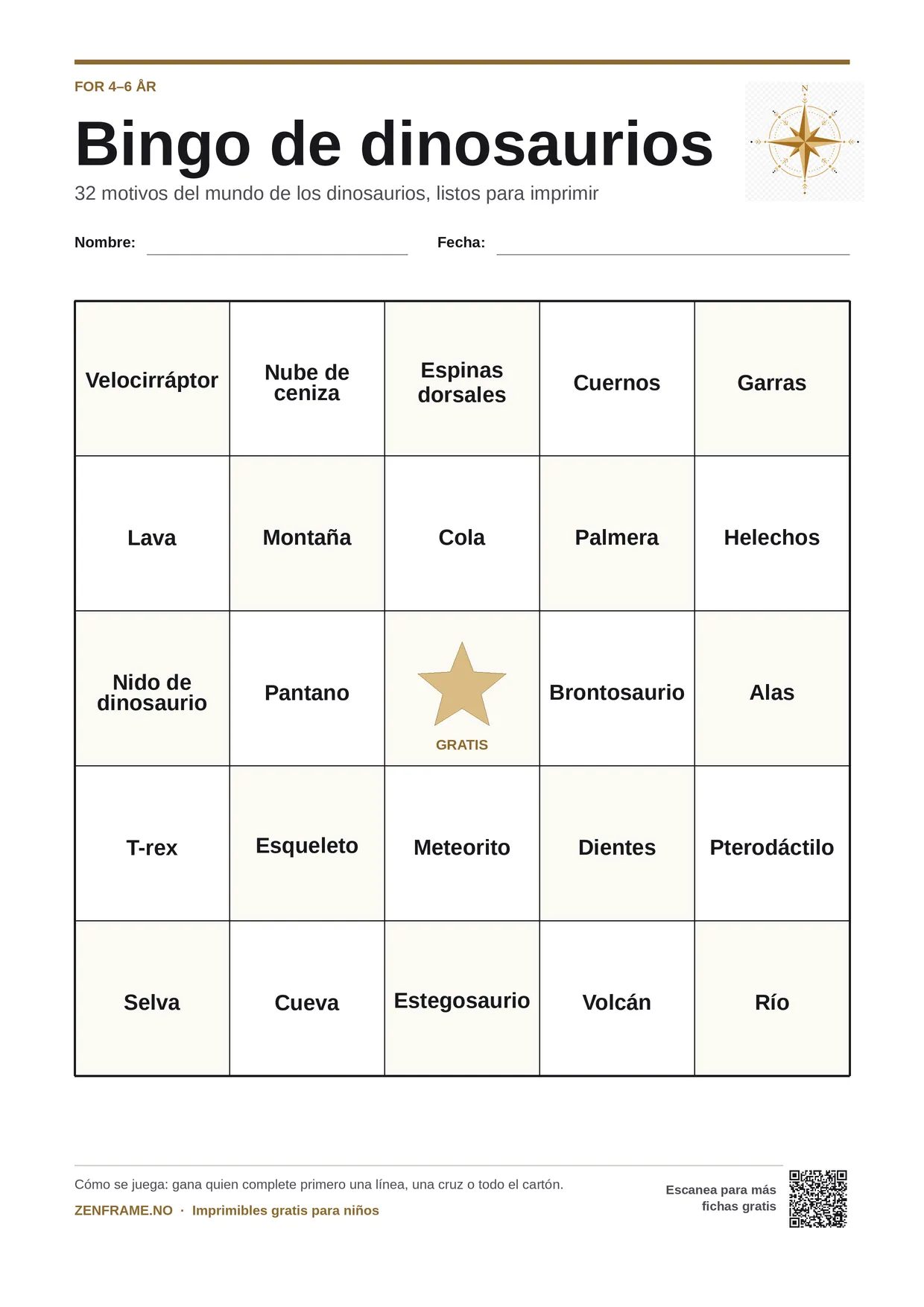 Bingo de dinosaurios para niños 4–6 años – tablero A4 gratis para imprimir