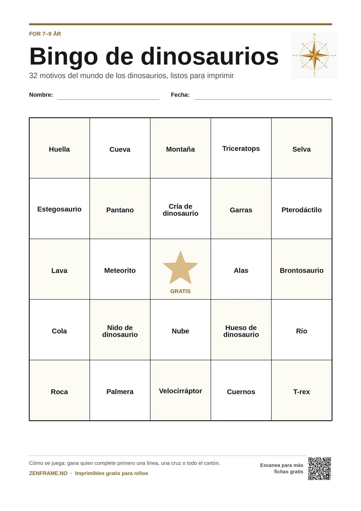Bingo de dinosaurios para niños 7–9 años – tablero A4 gratis para imprimir