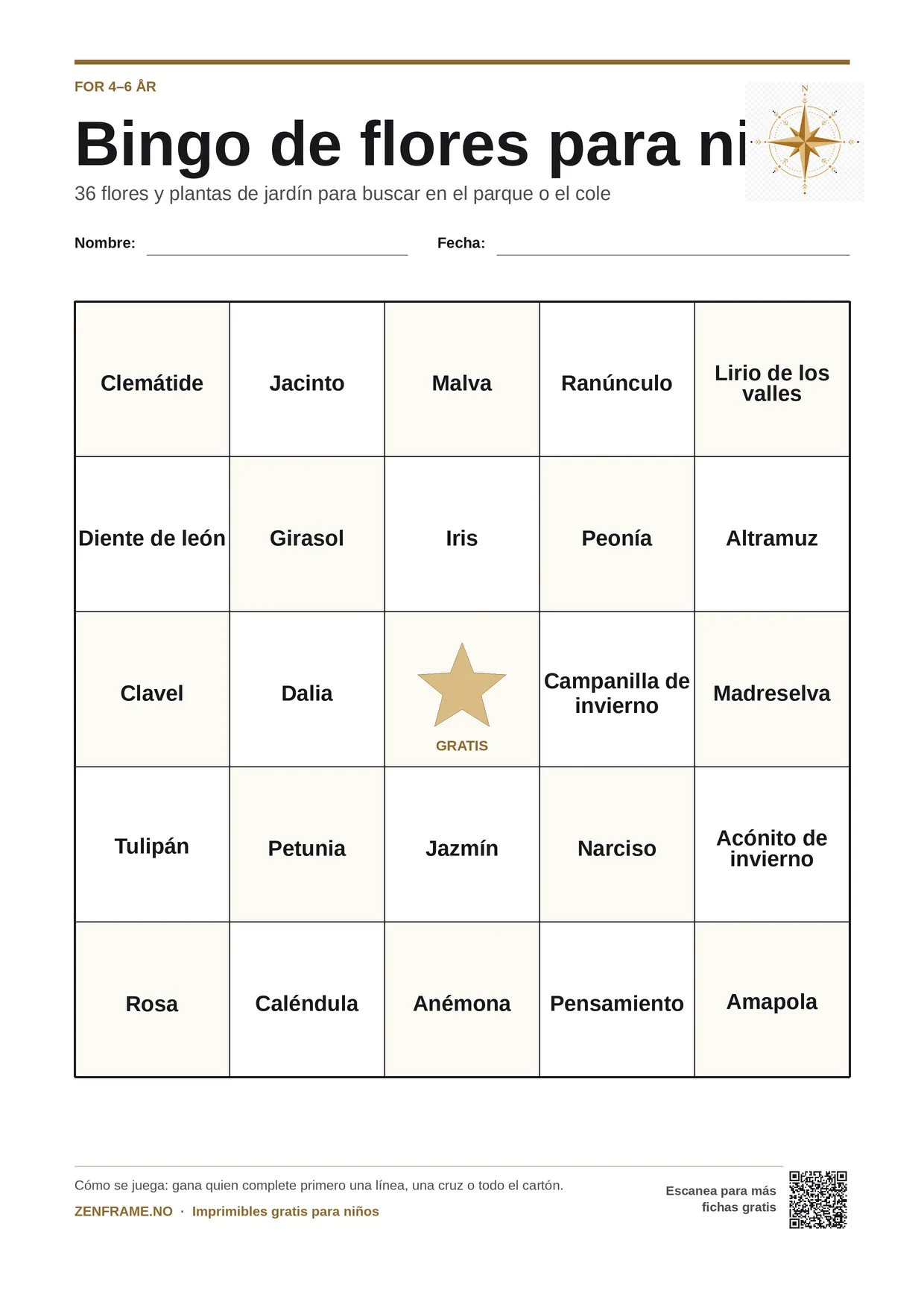 Bingo de flores para niños 4–6 años – tablero A4 gratis para imprimir
