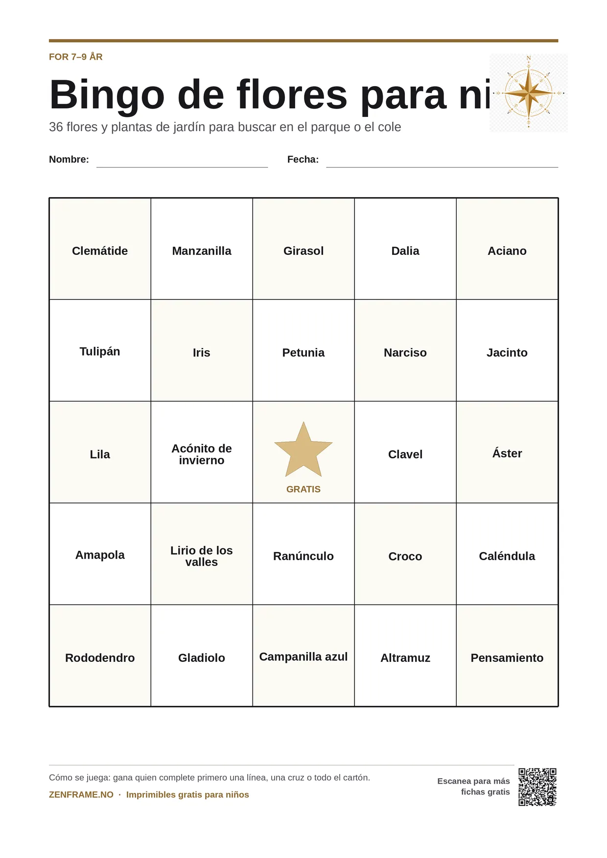 Bingo de flores para niños 7–9 años – tablero A4 gratis para imprimir