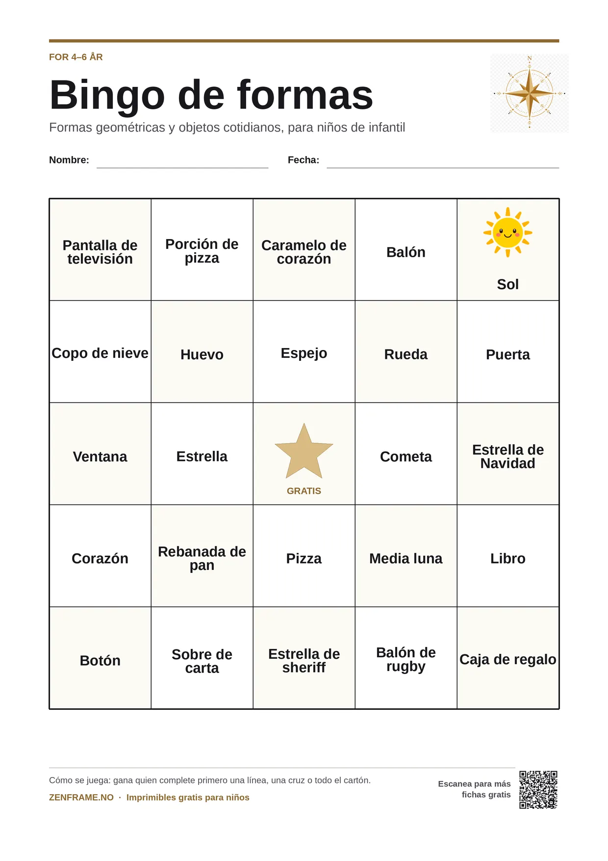Bingo de formas para niños 4–6 años – tablero A4 gratis para imprimir