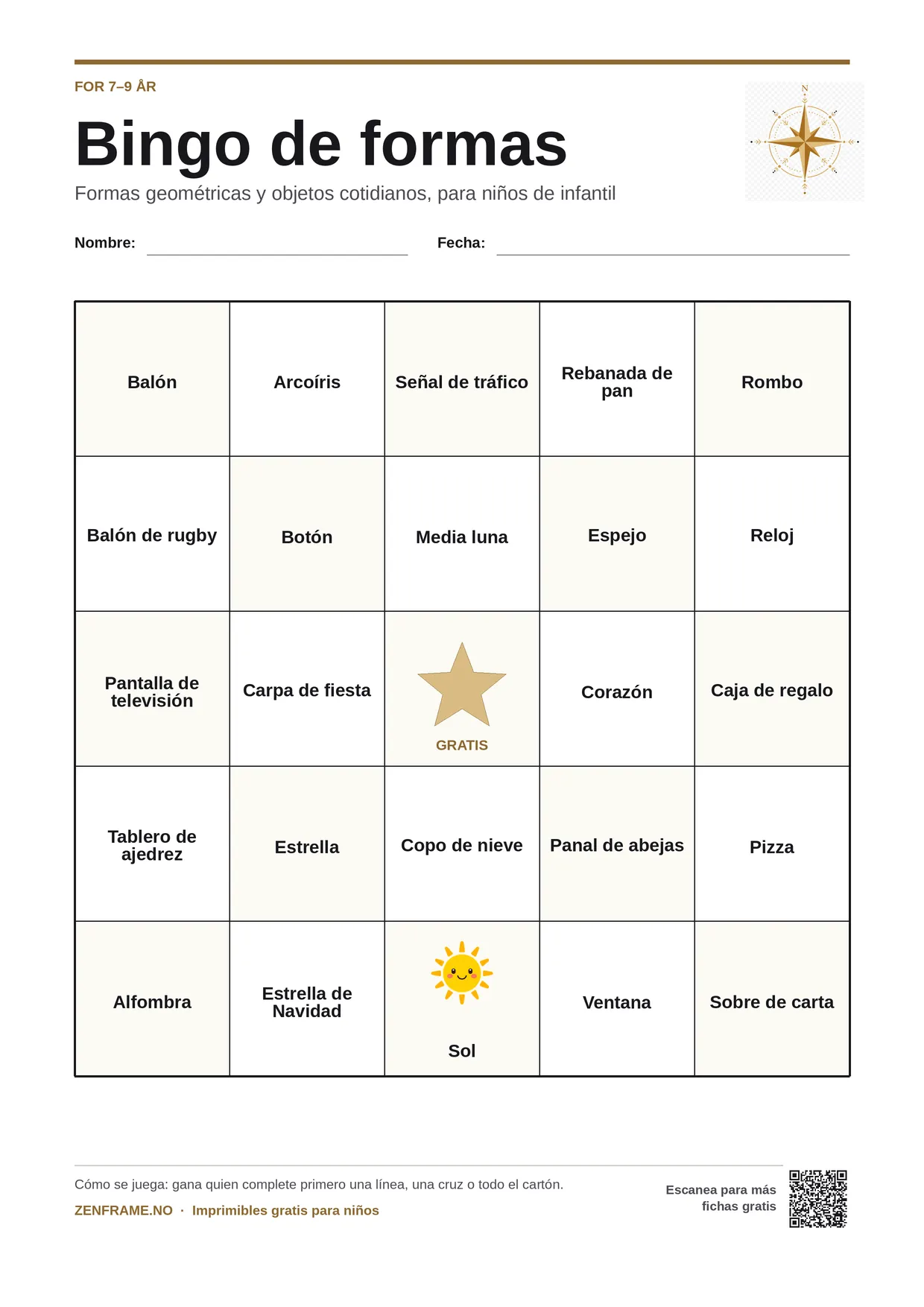 Bingo de formas para niños 7–9 años – tablero A4 gratis para imprimir