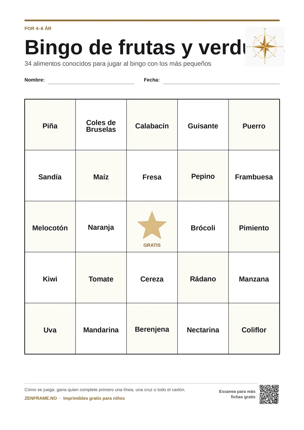 Bingo de frutas y verduras para niños 4–6 años – tablero A4 gratis para imprimir