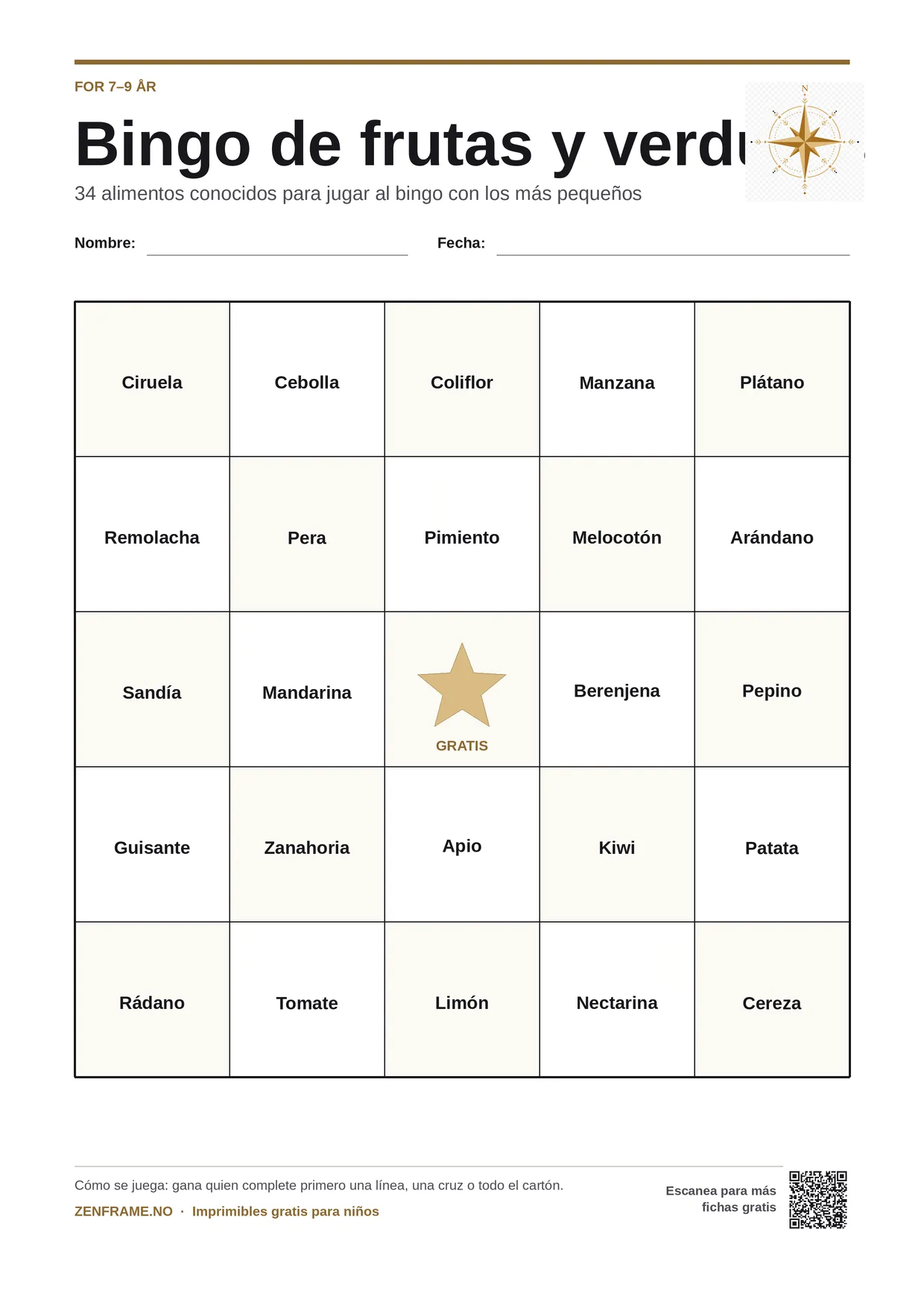 Bingo de frutas y verduras para niños 7–9 años – tablero A4 gratis para imprimir