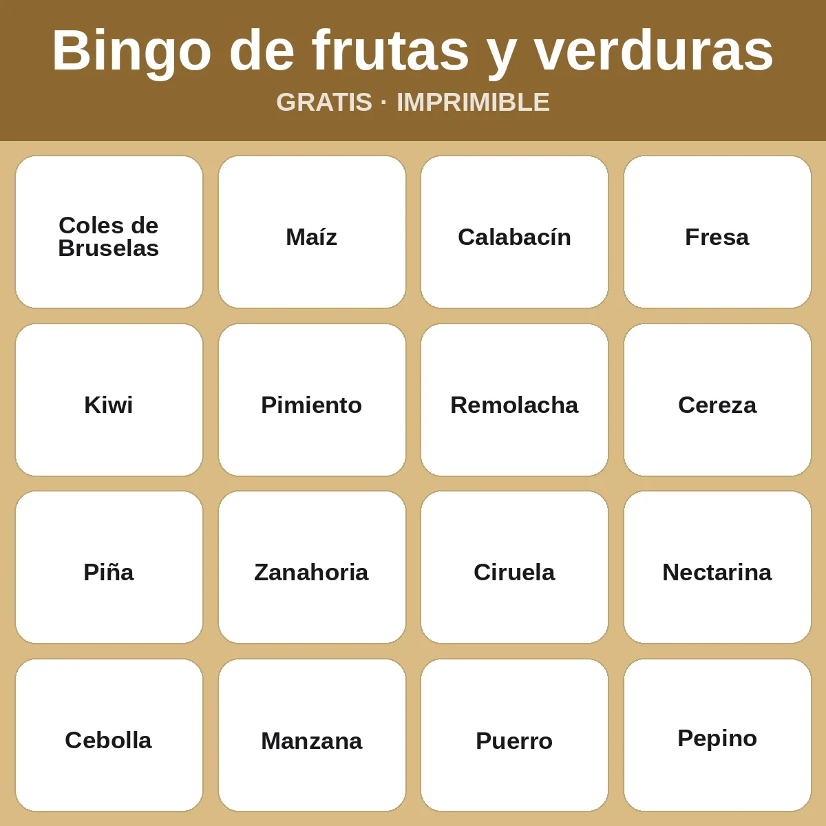 Bingo de frutas y verduras – bingo gratis para imprimir para niños