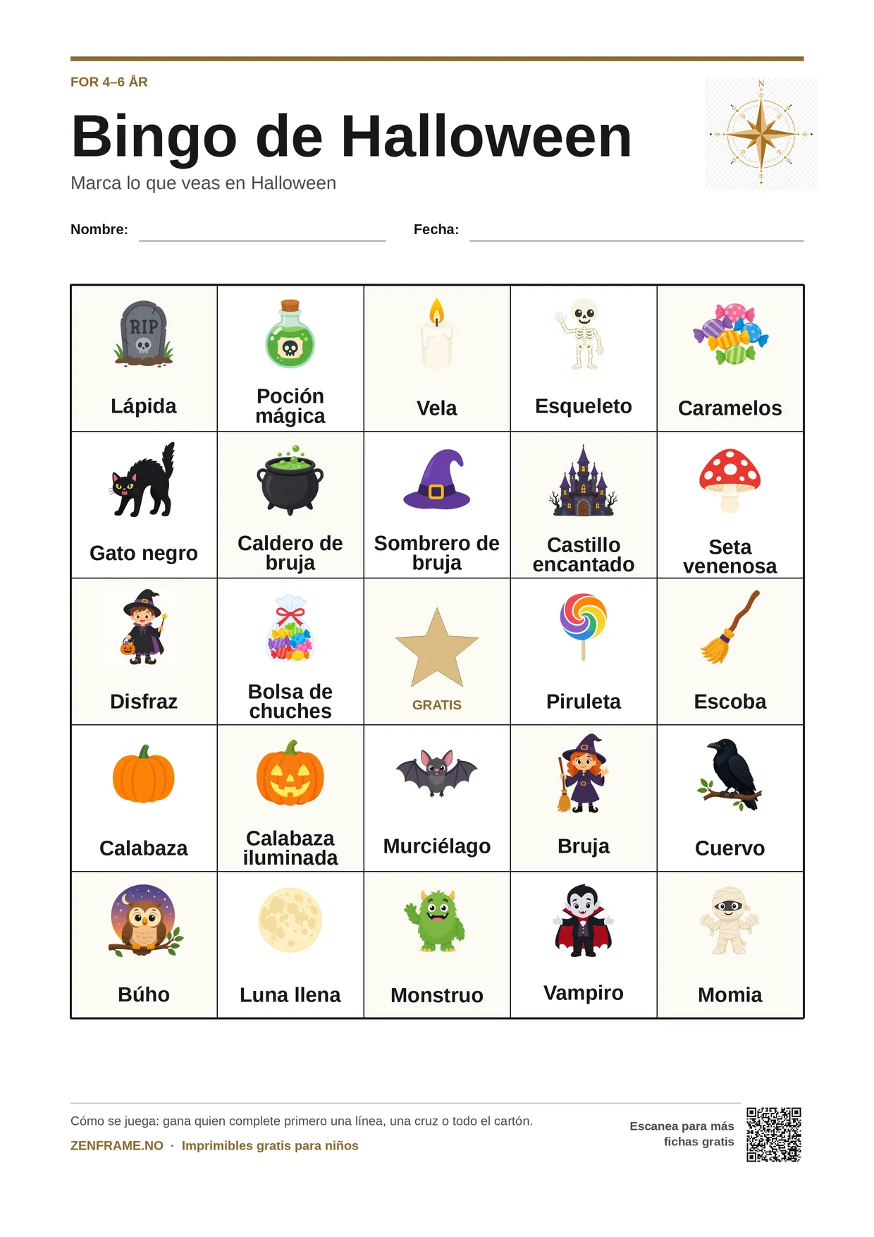 Bingo de Halloween para niños 4–6 años – tablero A4 gratis para imprimir
