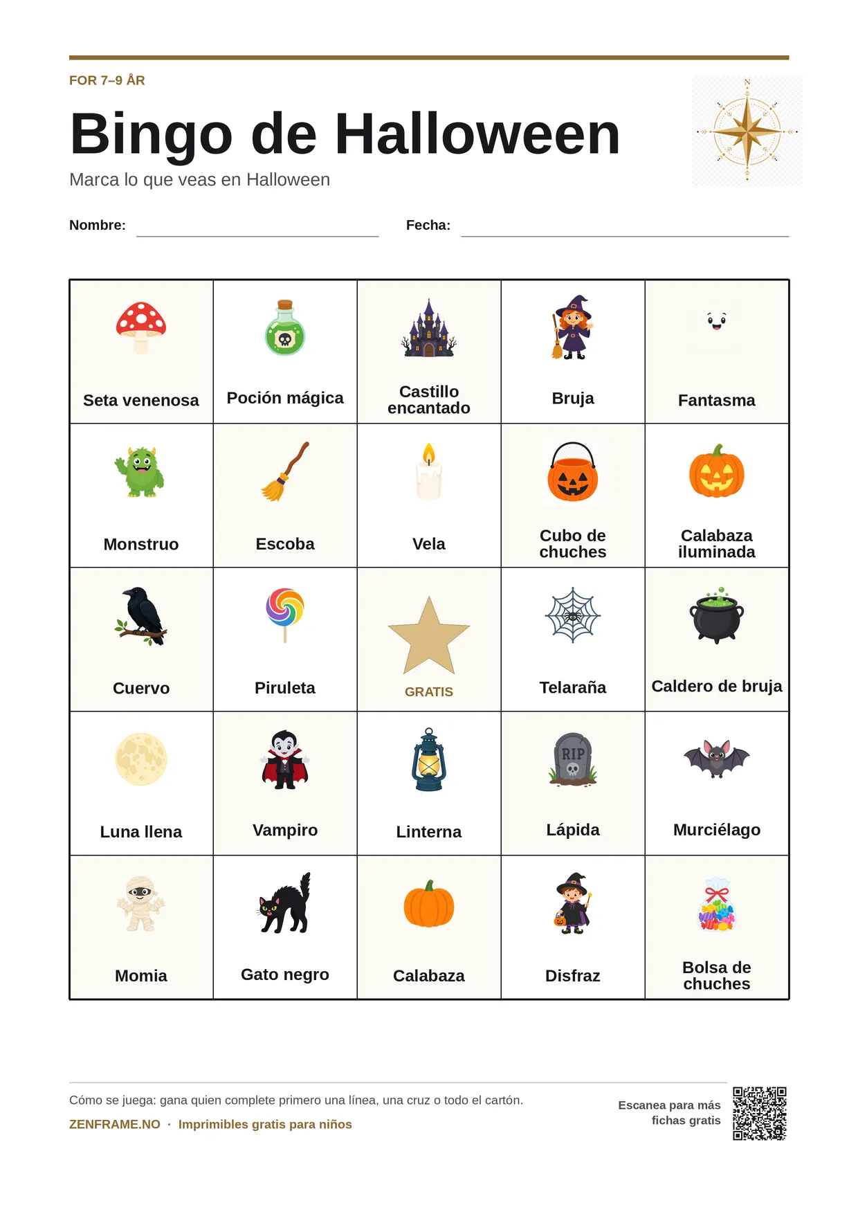 Bingo de Halloween para niños 7–9 años – tablero A4 gratis para imprimir