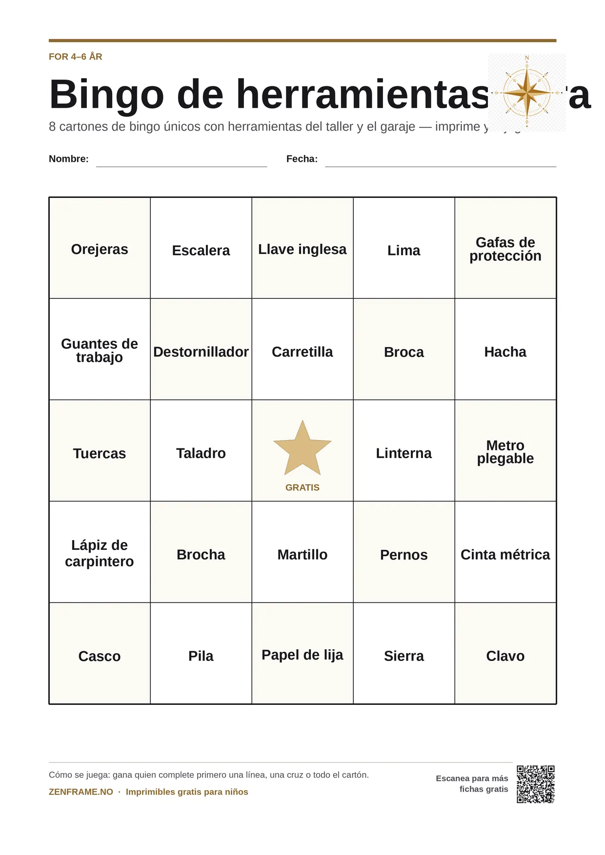 Bingo de herramientas para niños 4–6 años – tablero A4 gratis para imprimir