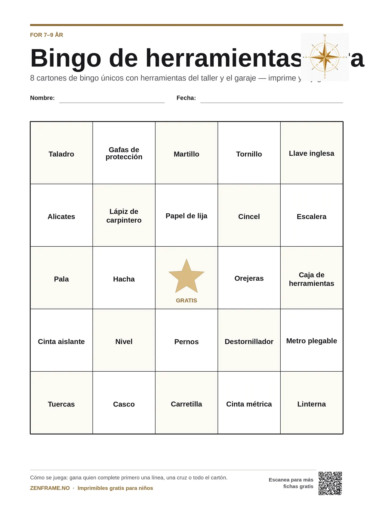 Bingo de herramientas para niños 7–9 años – tablero A4 gratis para imprimir