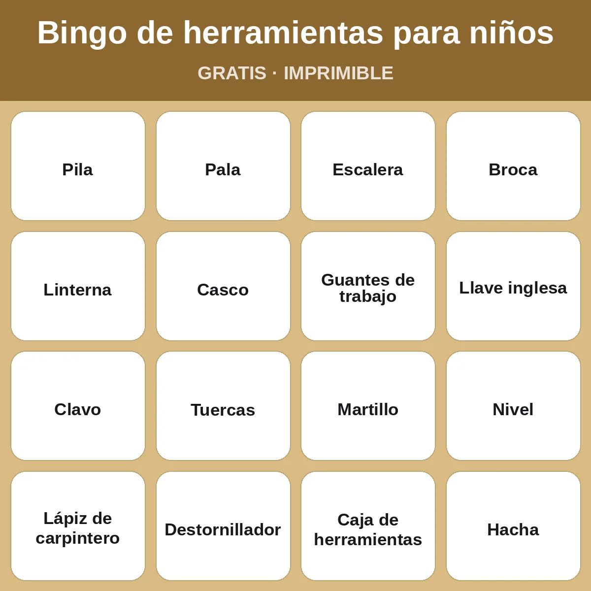 Bingo de herramientas para niños – bingo gratis para imprimir para niños