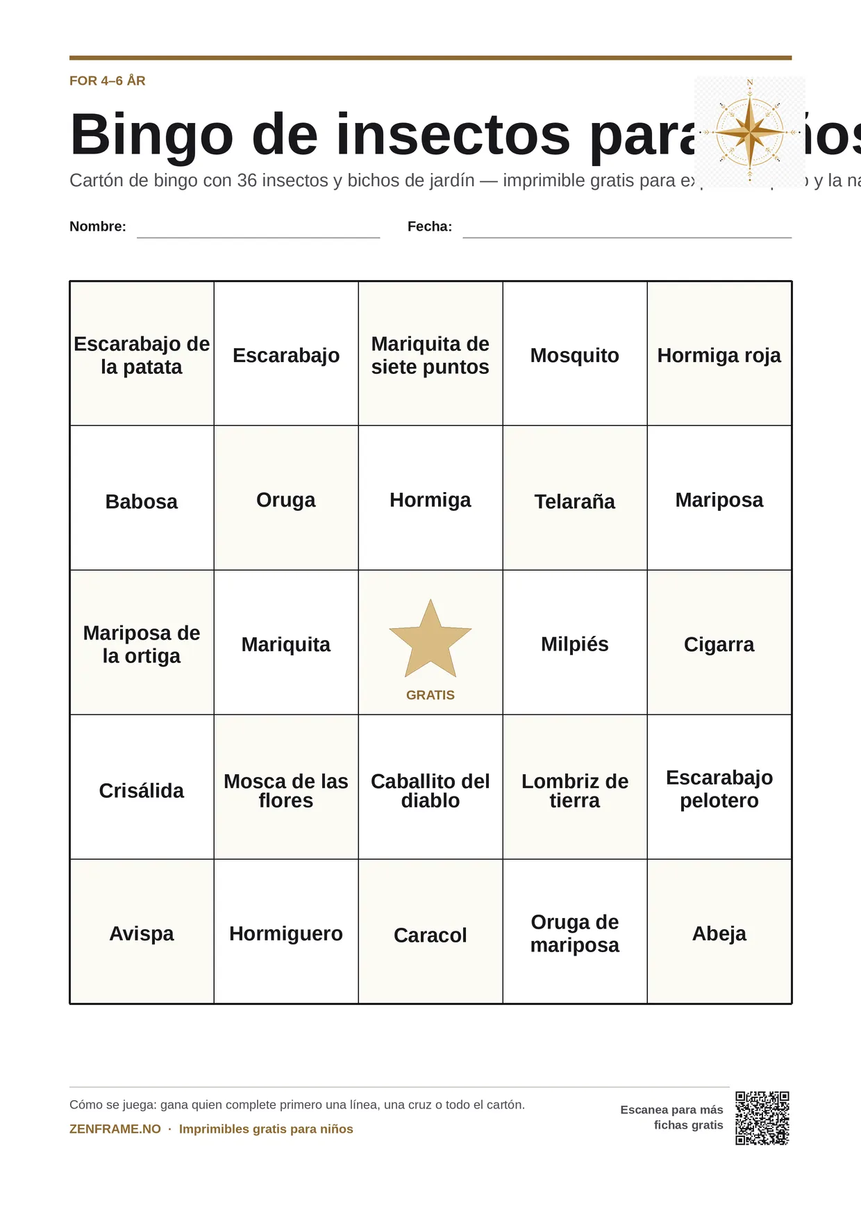 Bingo de insectos para niños 4–6 años – tablero A4 gratis para imprimir