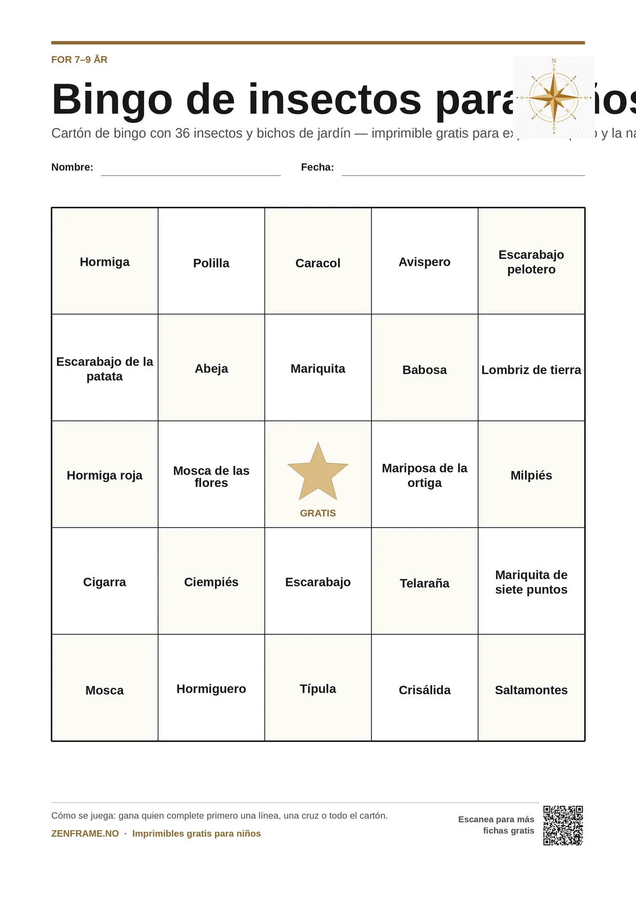 Bingo de insectos para niños 7–9 años – tablero A4 gratis para imprimir