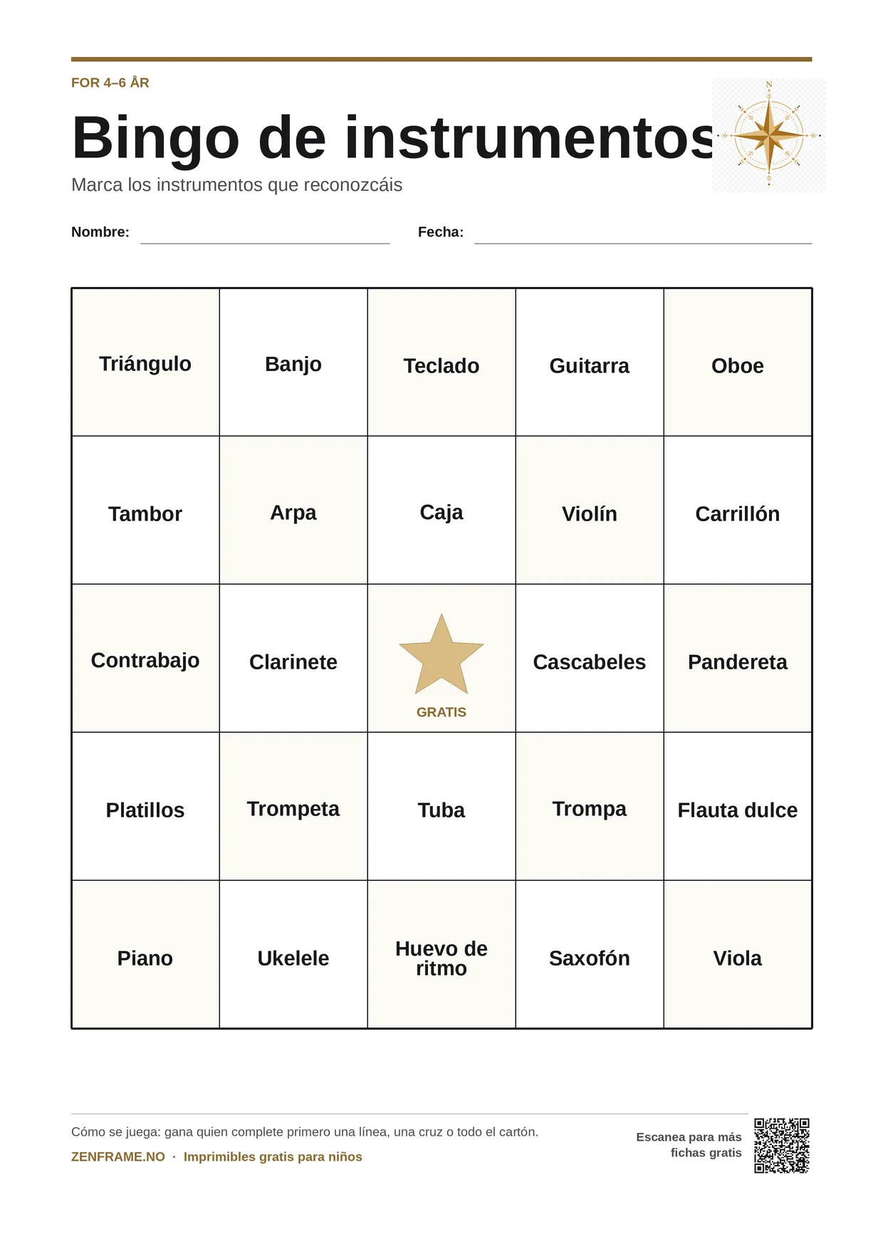 Bingo de instrumentos para niños 4–6 años – tablero A4 gratis para imprimir
