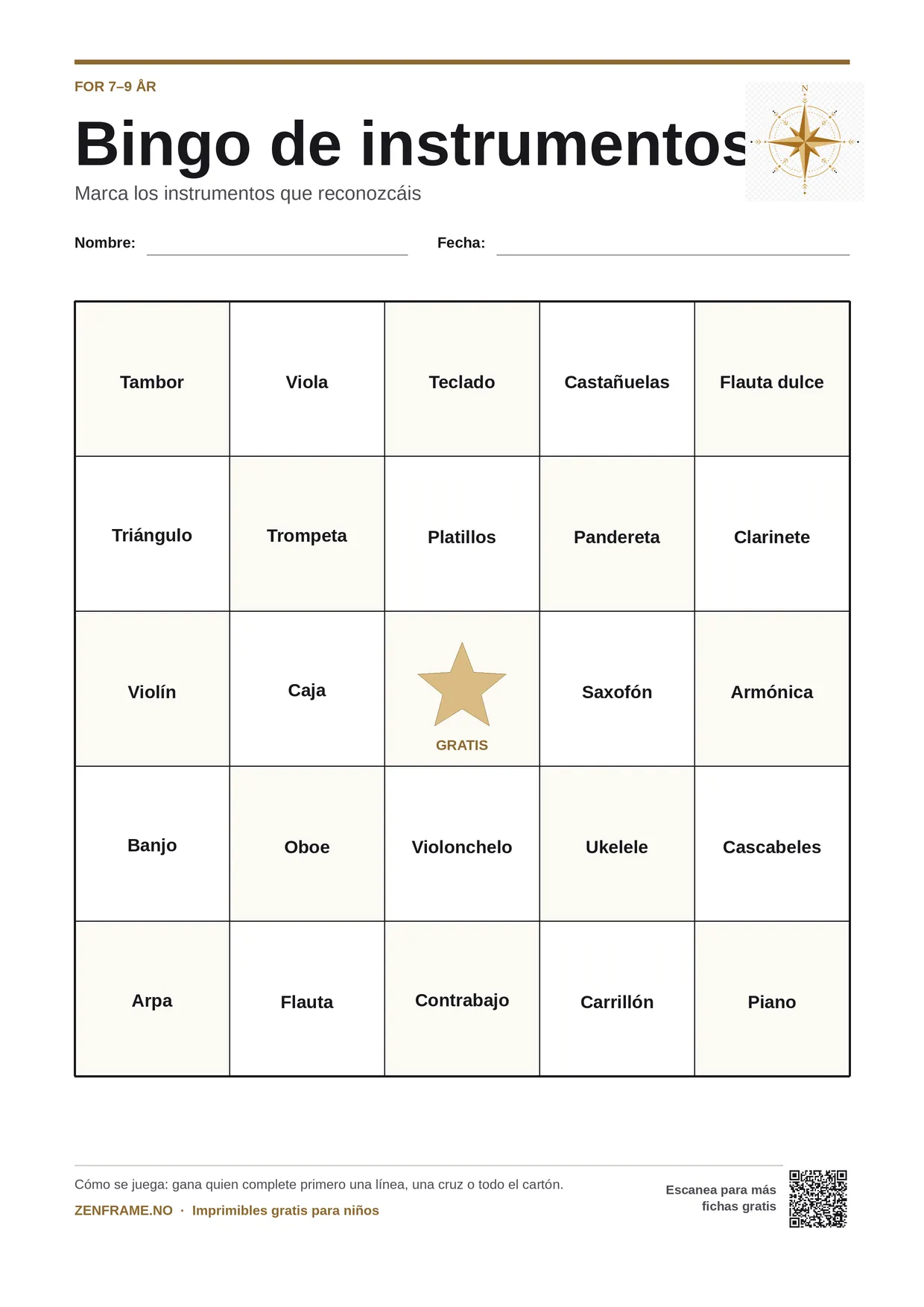 Bingo de instrumentos para niños 7–9 años – tablero A4 gratis para imprimir